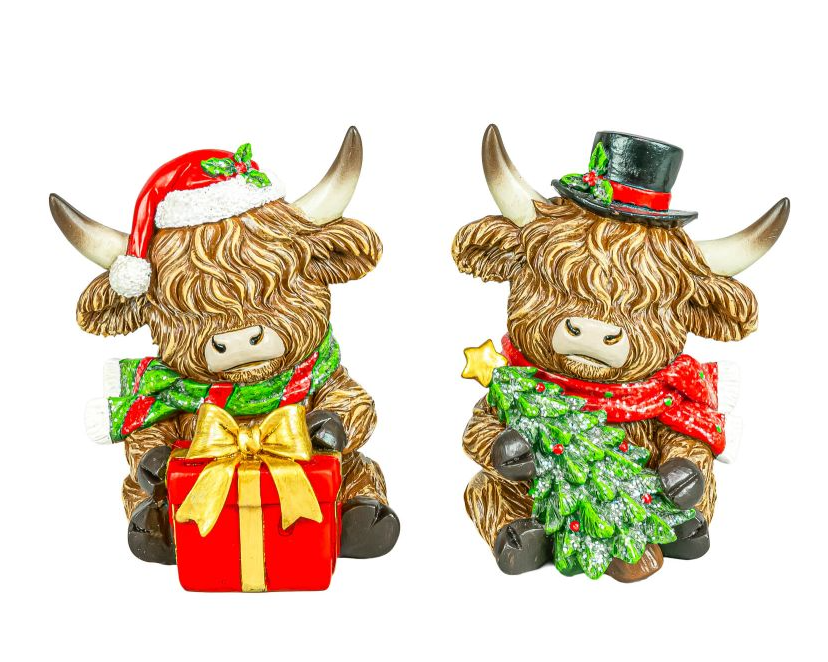Holly Jolly Highland Cow 4" Sitter
