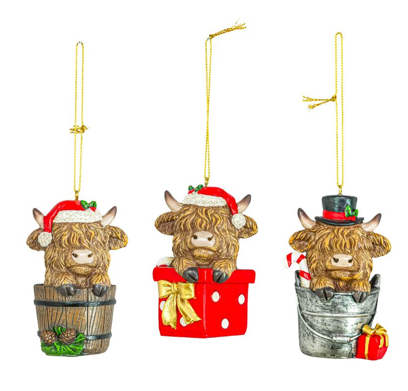Bucket Gift Box Highland Cow Ornament