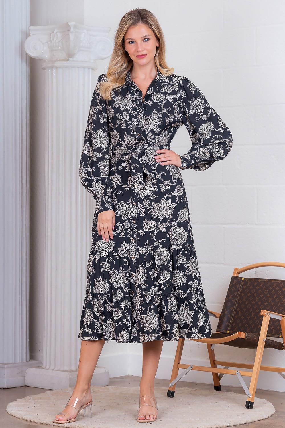 Paisley Floral Button-up With Self Tie Belt Dress