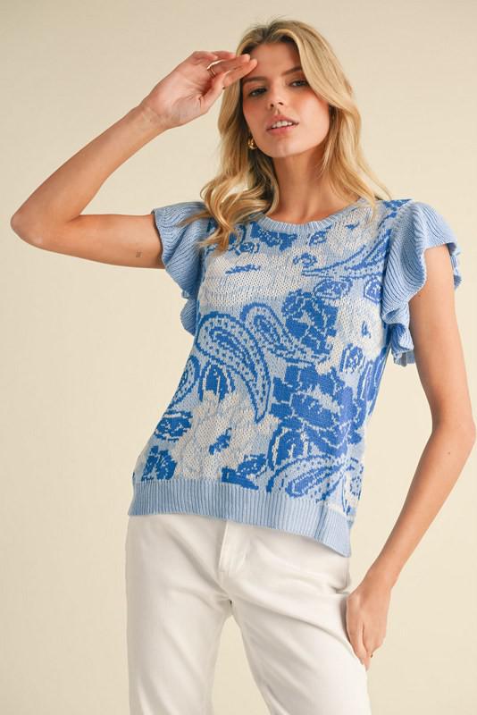 Jacquard Ruffly Shoulder Knit Top