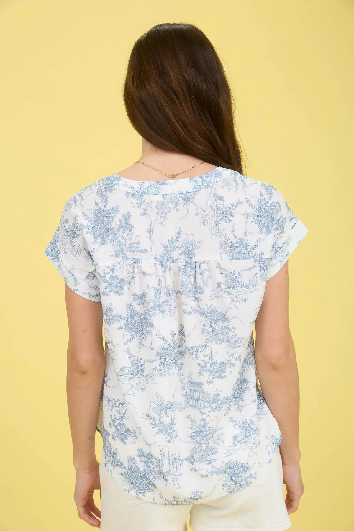 TOILE PRINT YOKE DETAIL SHORT SLEEVE TOP