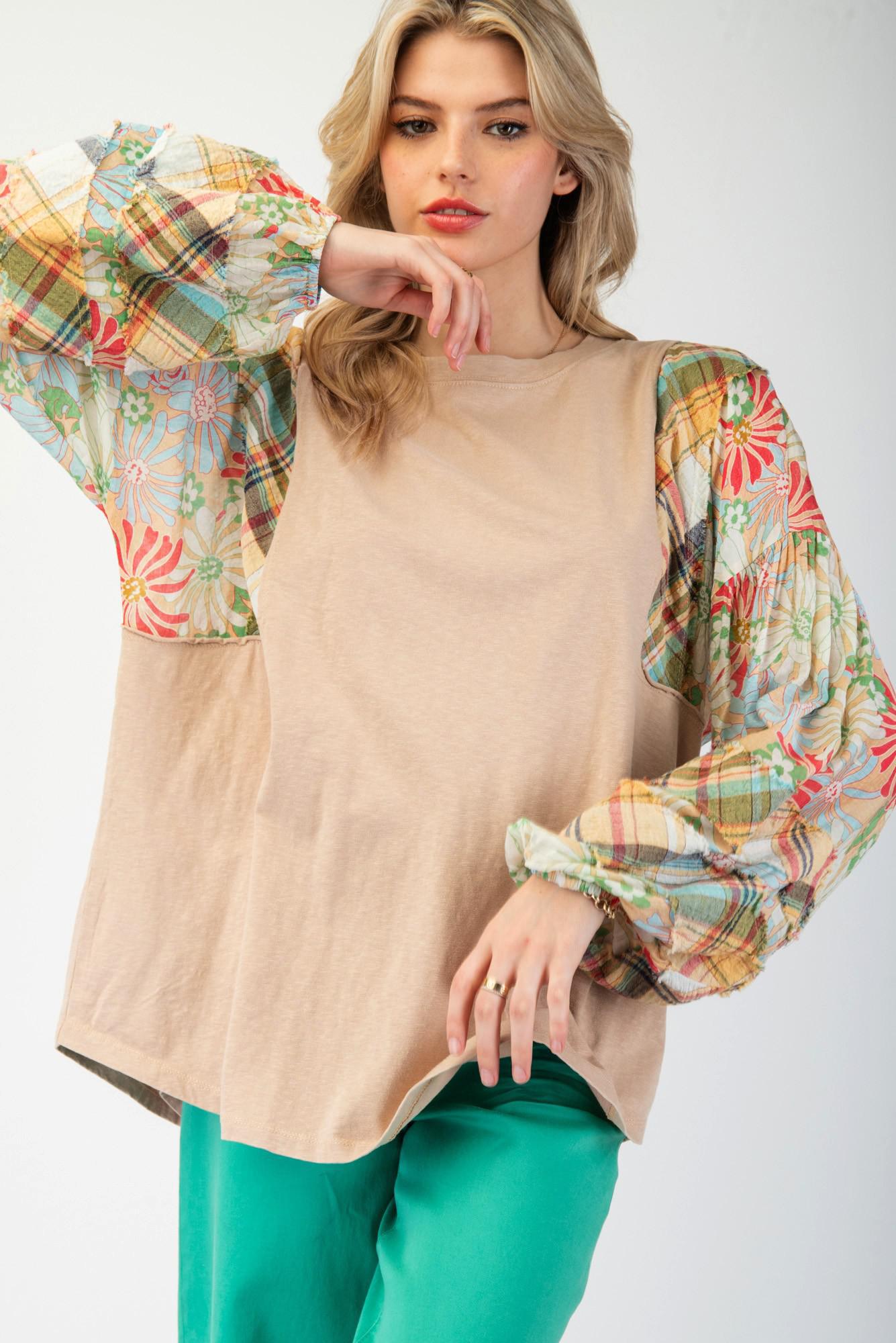 Khaki Floral Mix Print Cotton Blouse