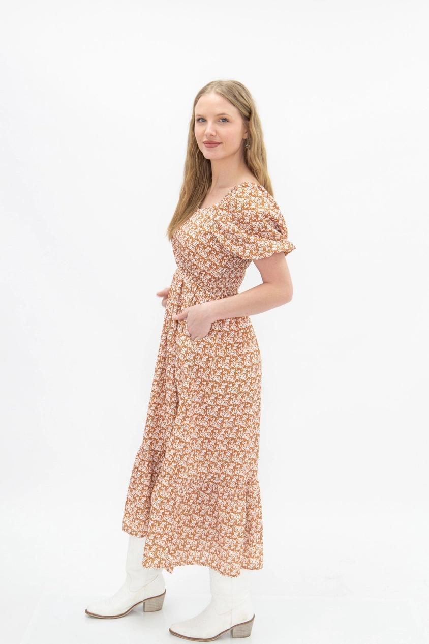 Rust Floral Puff Sleeve Midi Dress