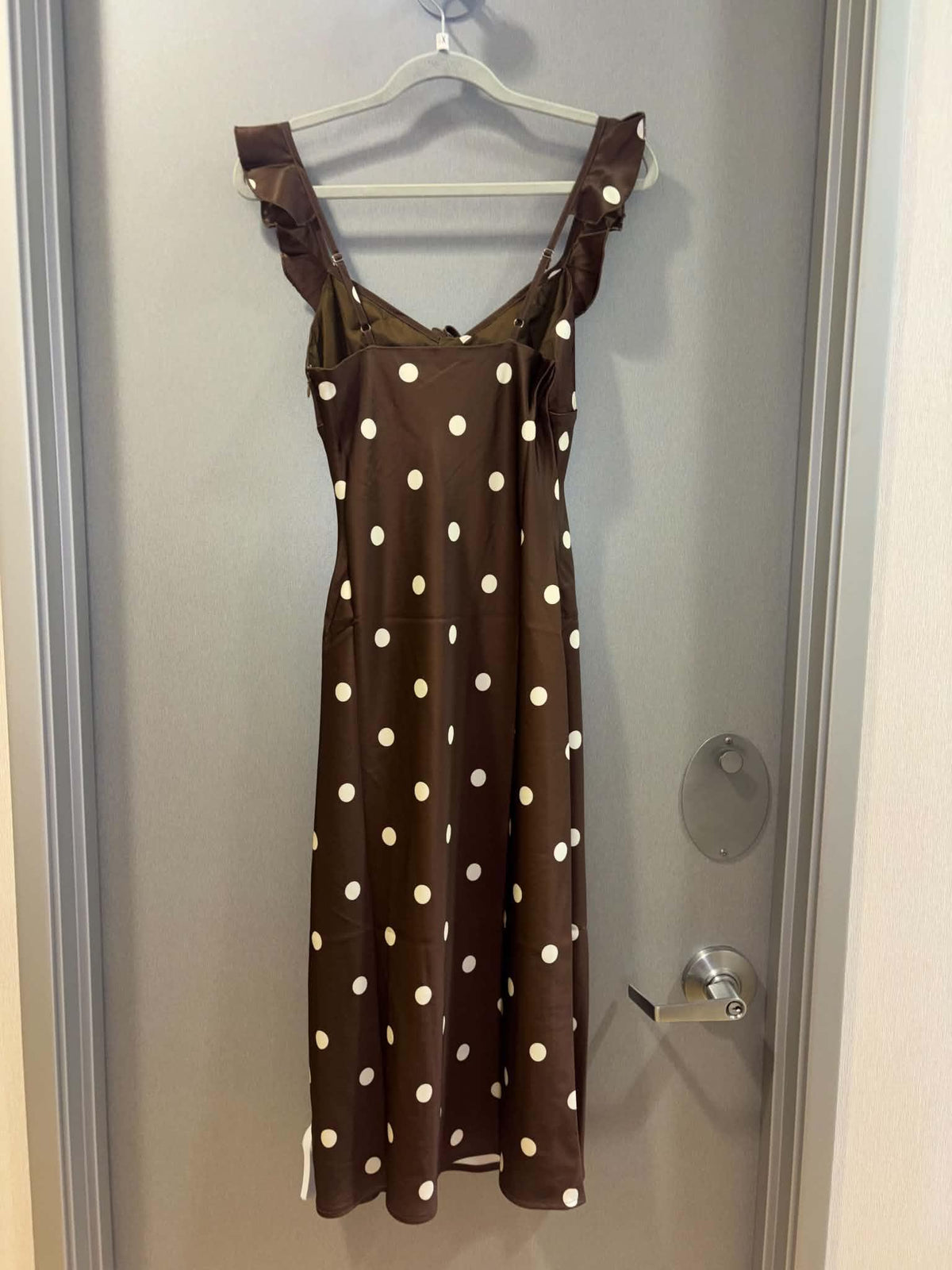 Brown Polka-Dot Ruffle Sleeve Midi Dress
