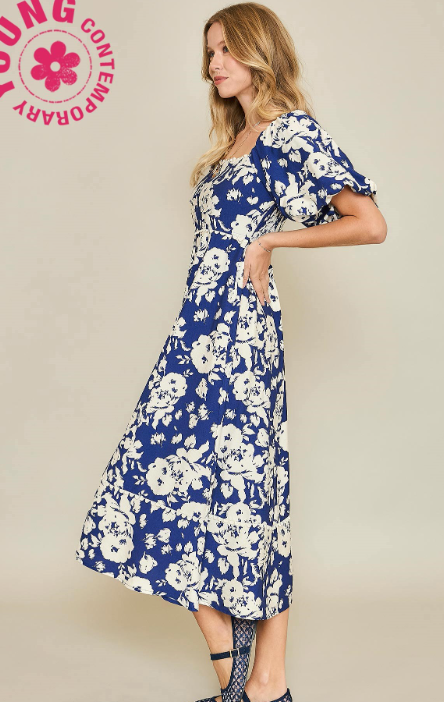 Two Tone Floral Print Midi Dress