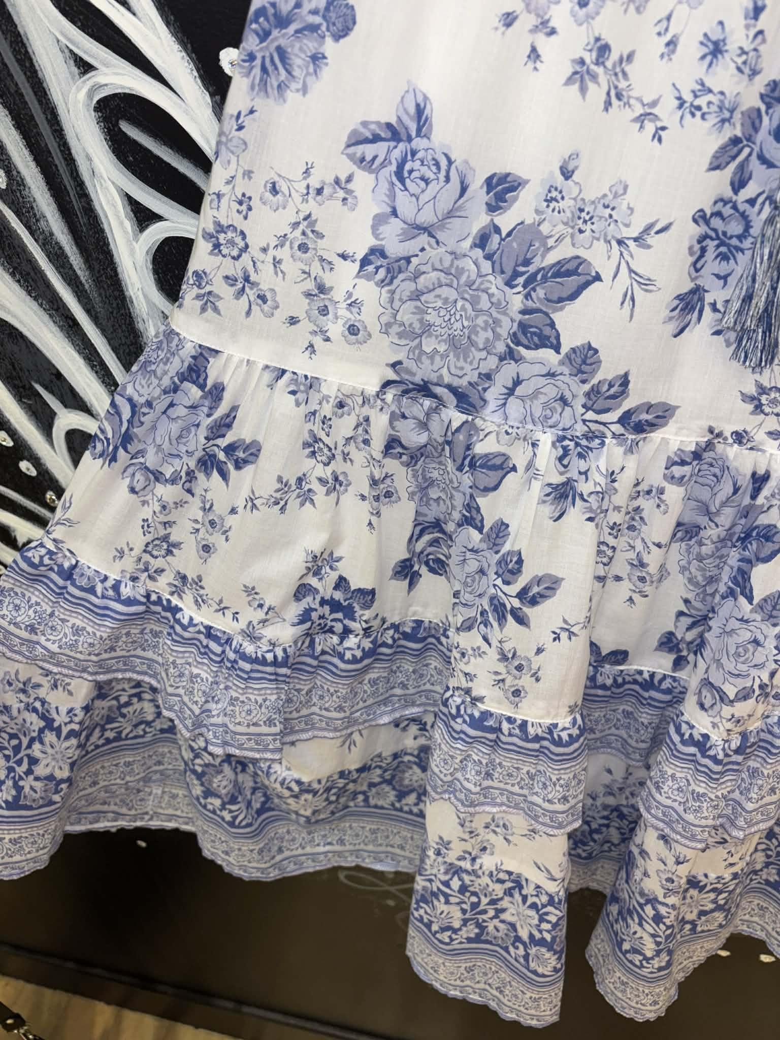 White & Blue Floral Tiered Maxi Skirt
