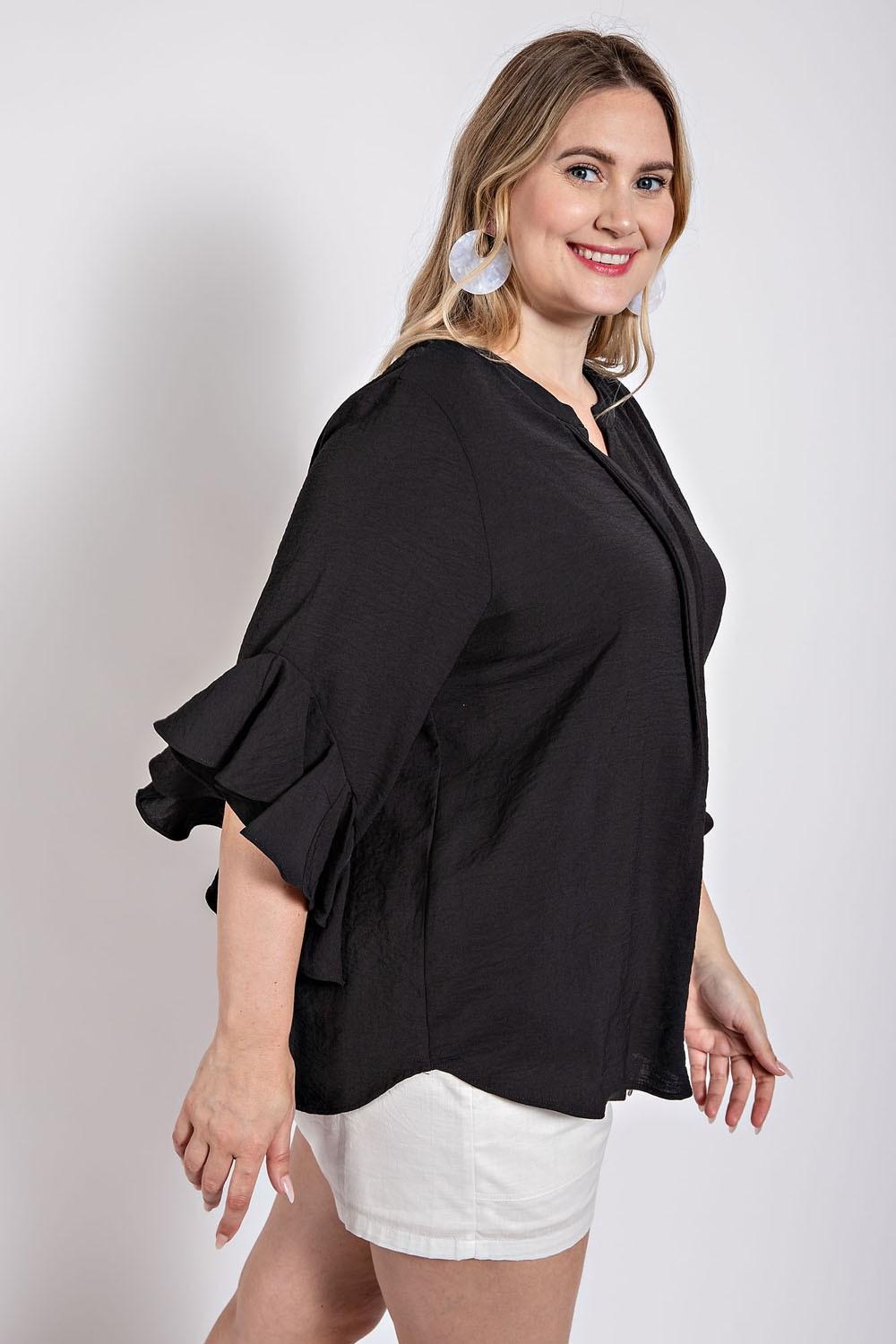 Ruffled Bell Sleeve Front Pleated Blouse - Black
