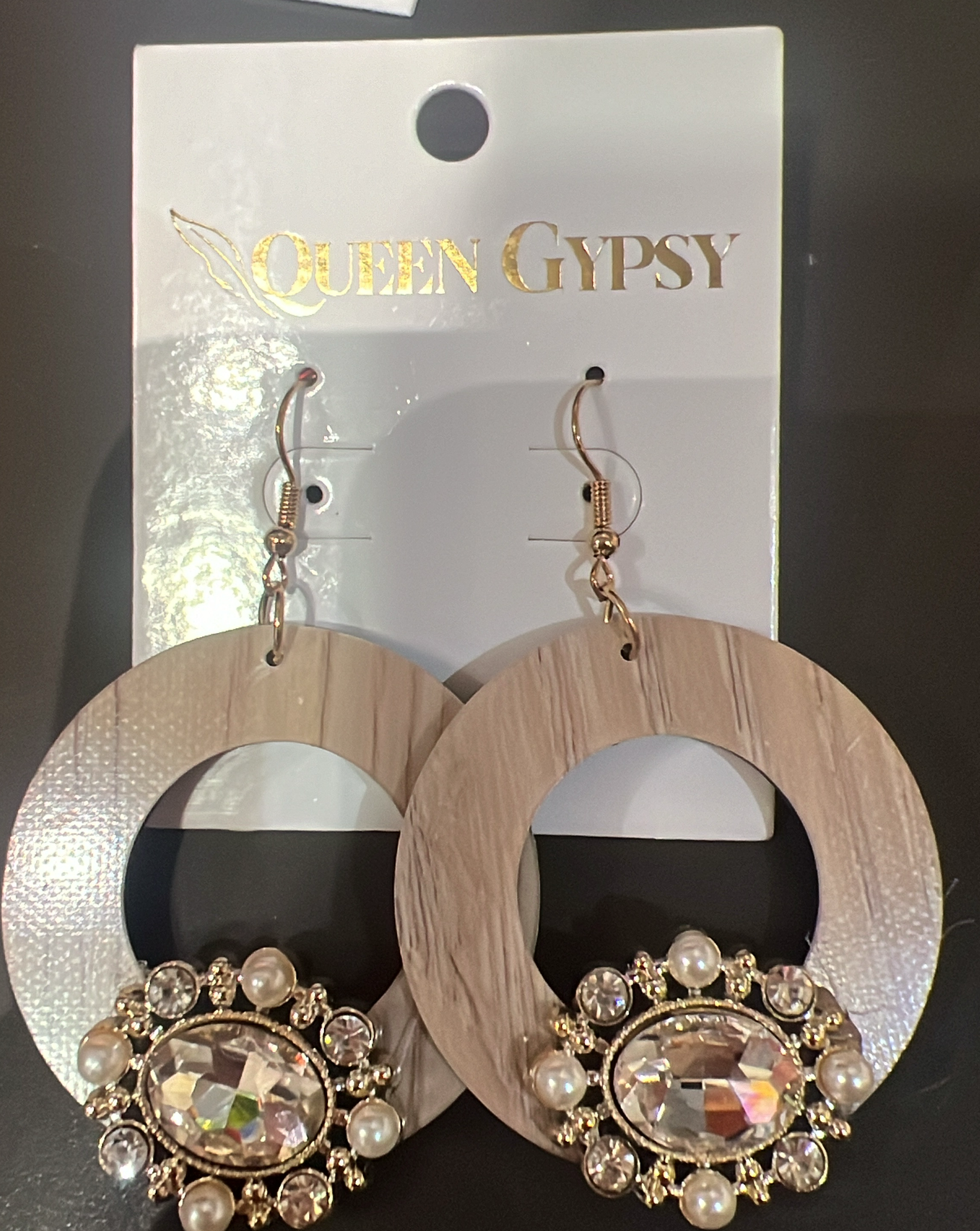 Wood Circle Crystal Earrings