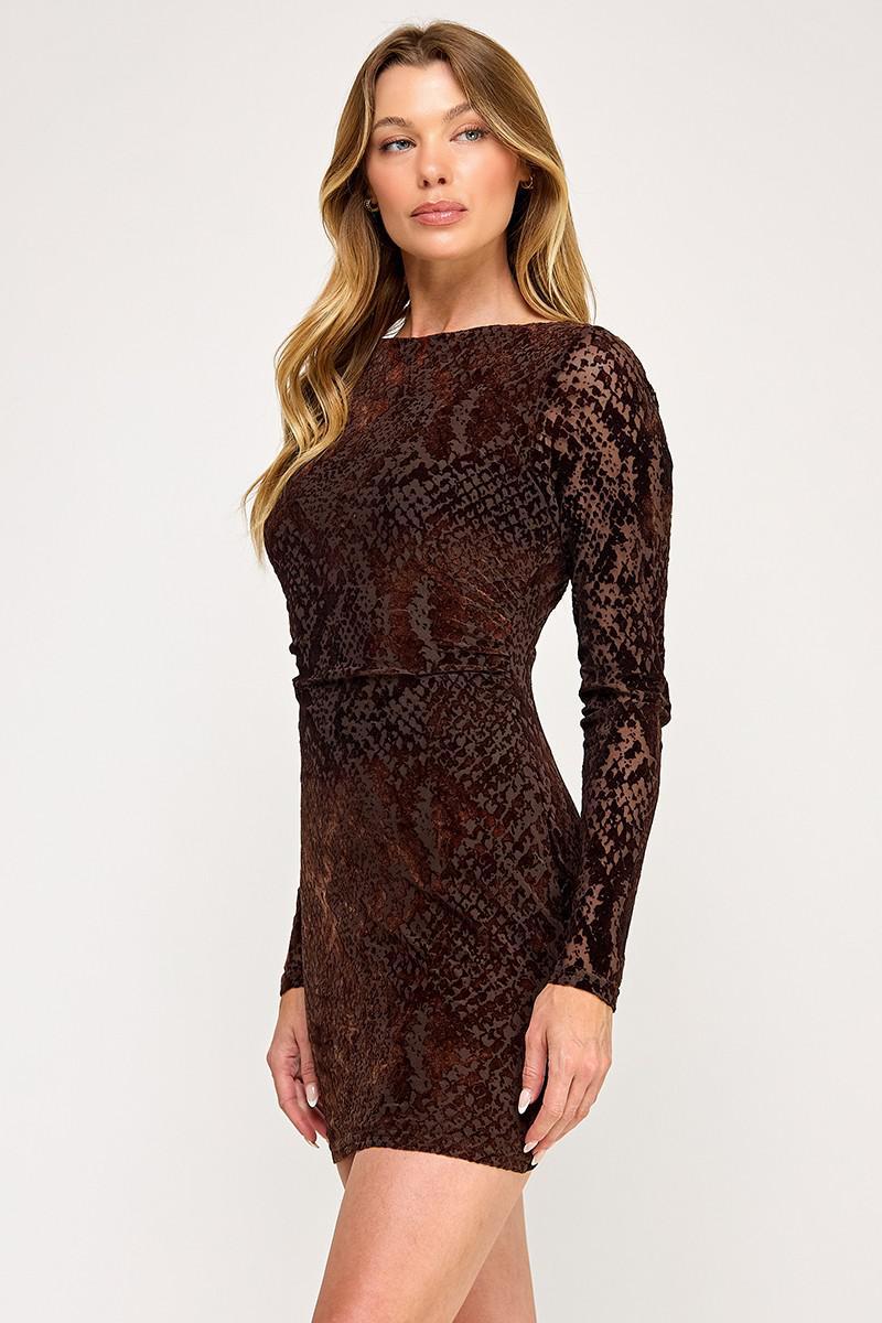 Dark Brown Mesh Long Sleeve Mini Dress