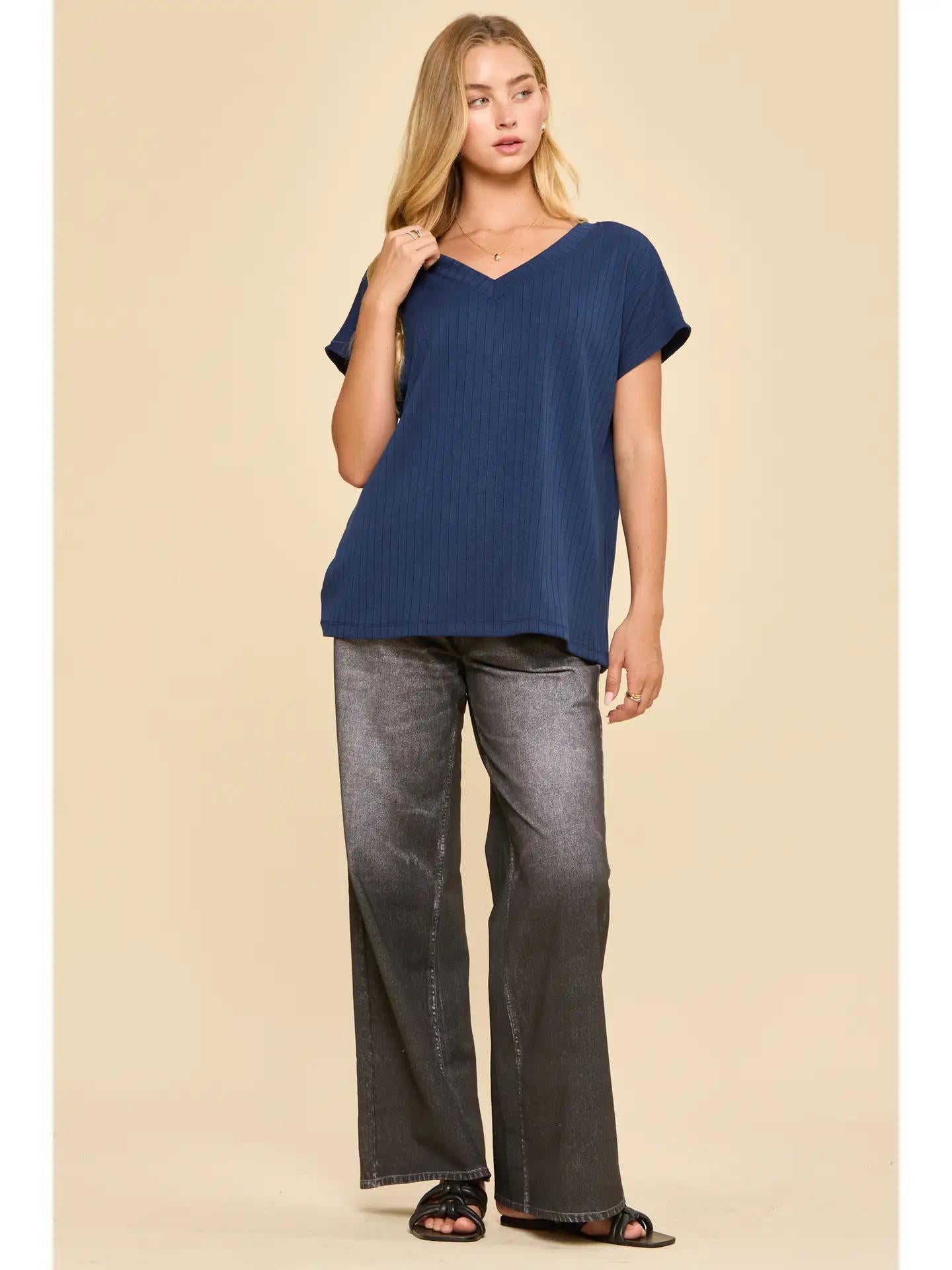 Navy Thick Ribbed Knit Top