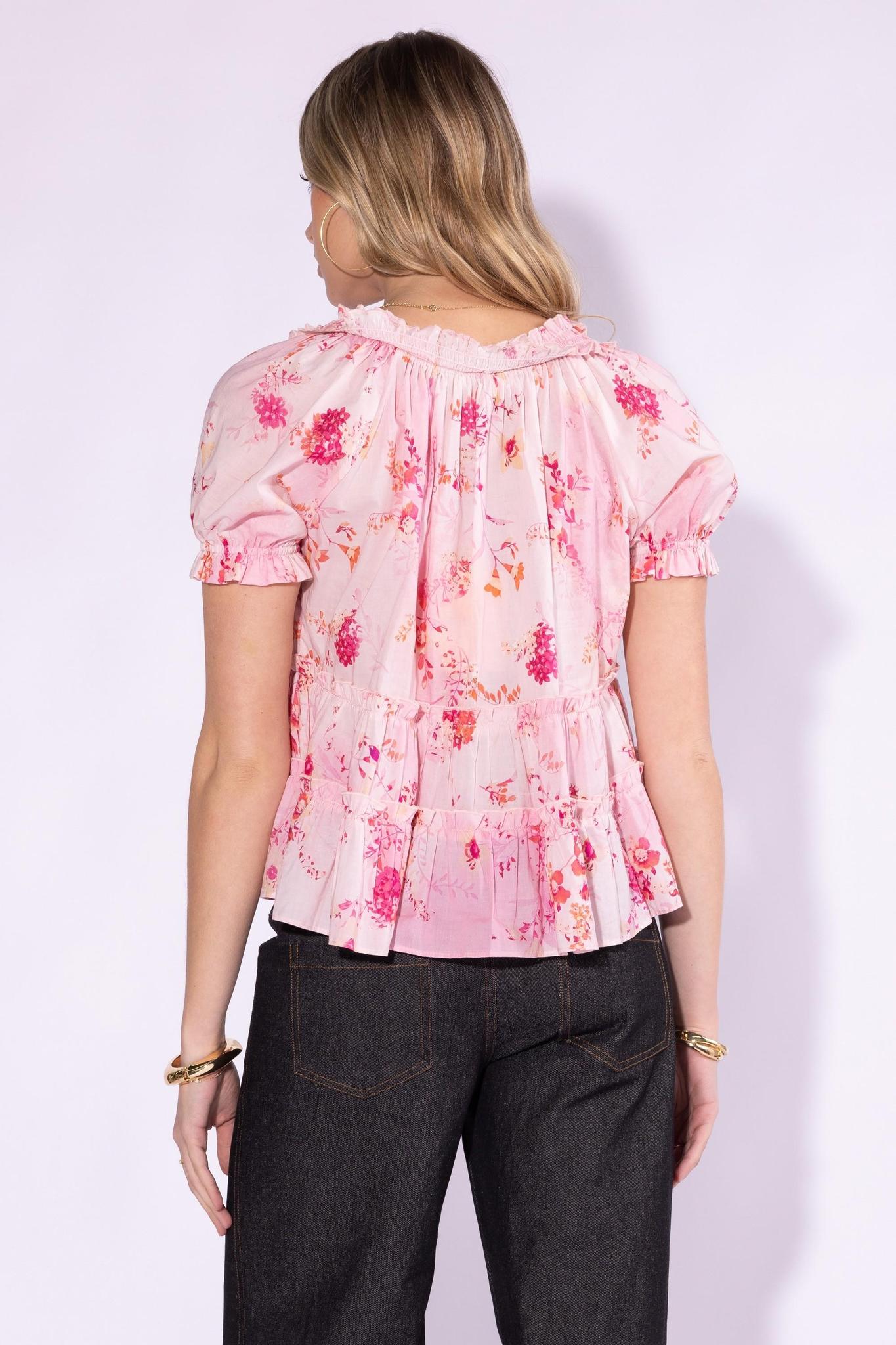 Puff Sleeve Flower Print Babydoll Top - Pink