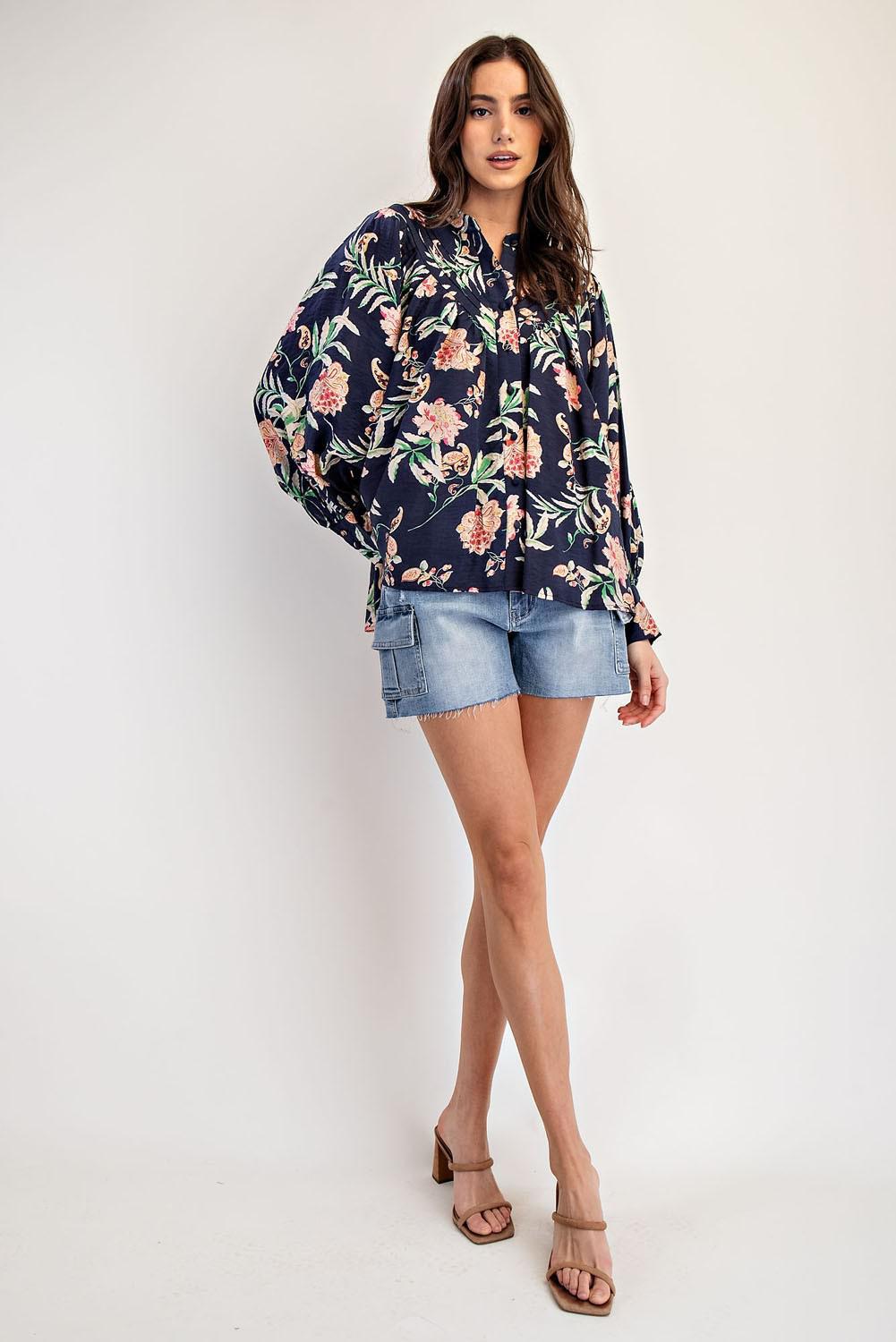 Blue Sapphire Pleated Long Sleeve Top