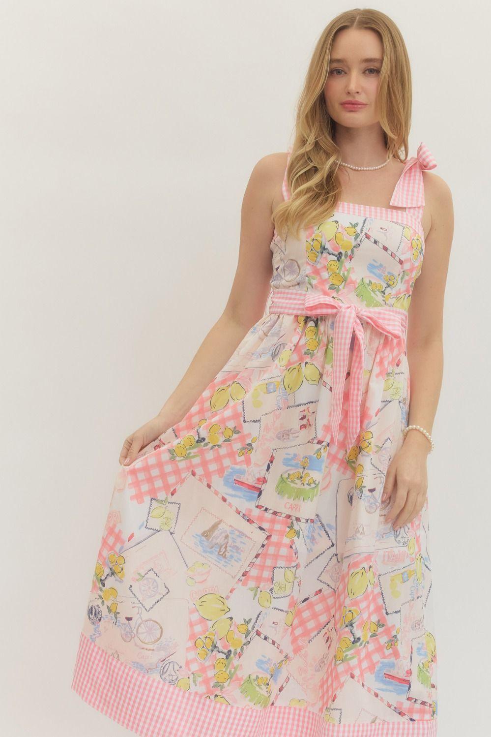 Pink Print Waist Bow Midi Dress