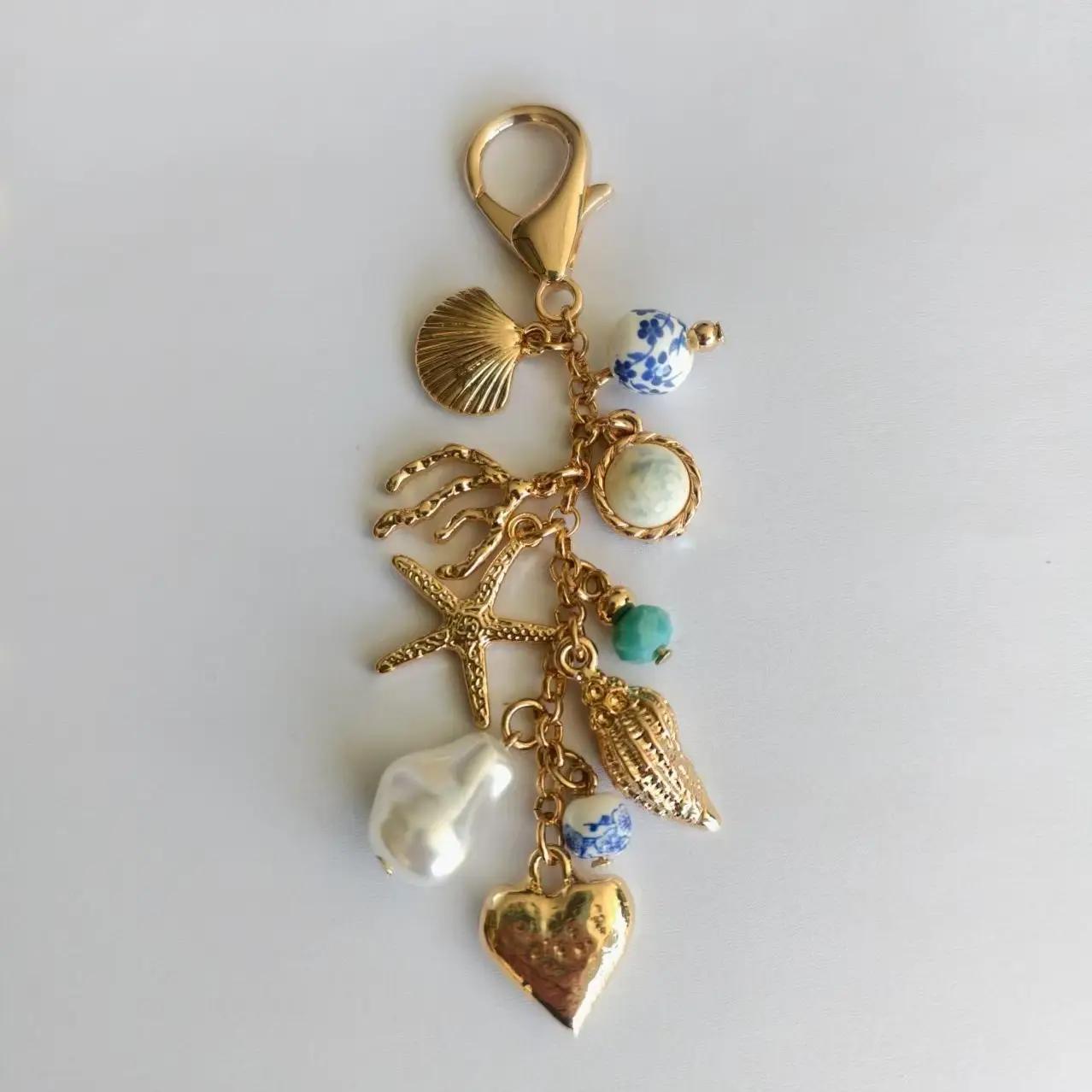Porcelain Sea Life Pearl Heart Turq Bead Bag Charm