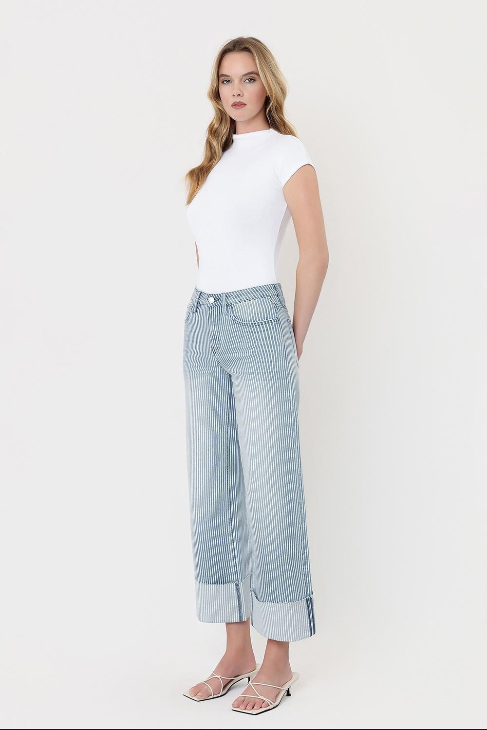 High Rise Cuffed Striped Crop Wide Jeans