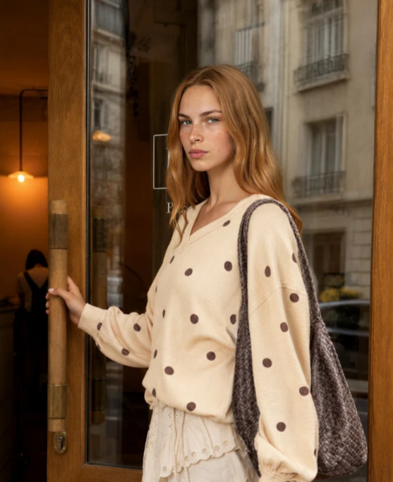 BUTTER YELLOW - POLKA DOT LONG SLEEVE TEXTURED KNIT TOP
