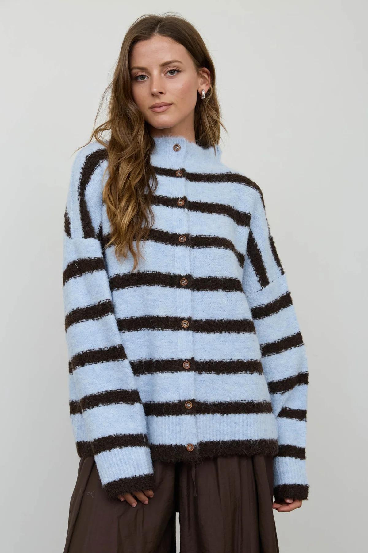 BLUE STRIPE MOCK NECK BUTTON DOWN FUZZY KNIT CARDIGAN
