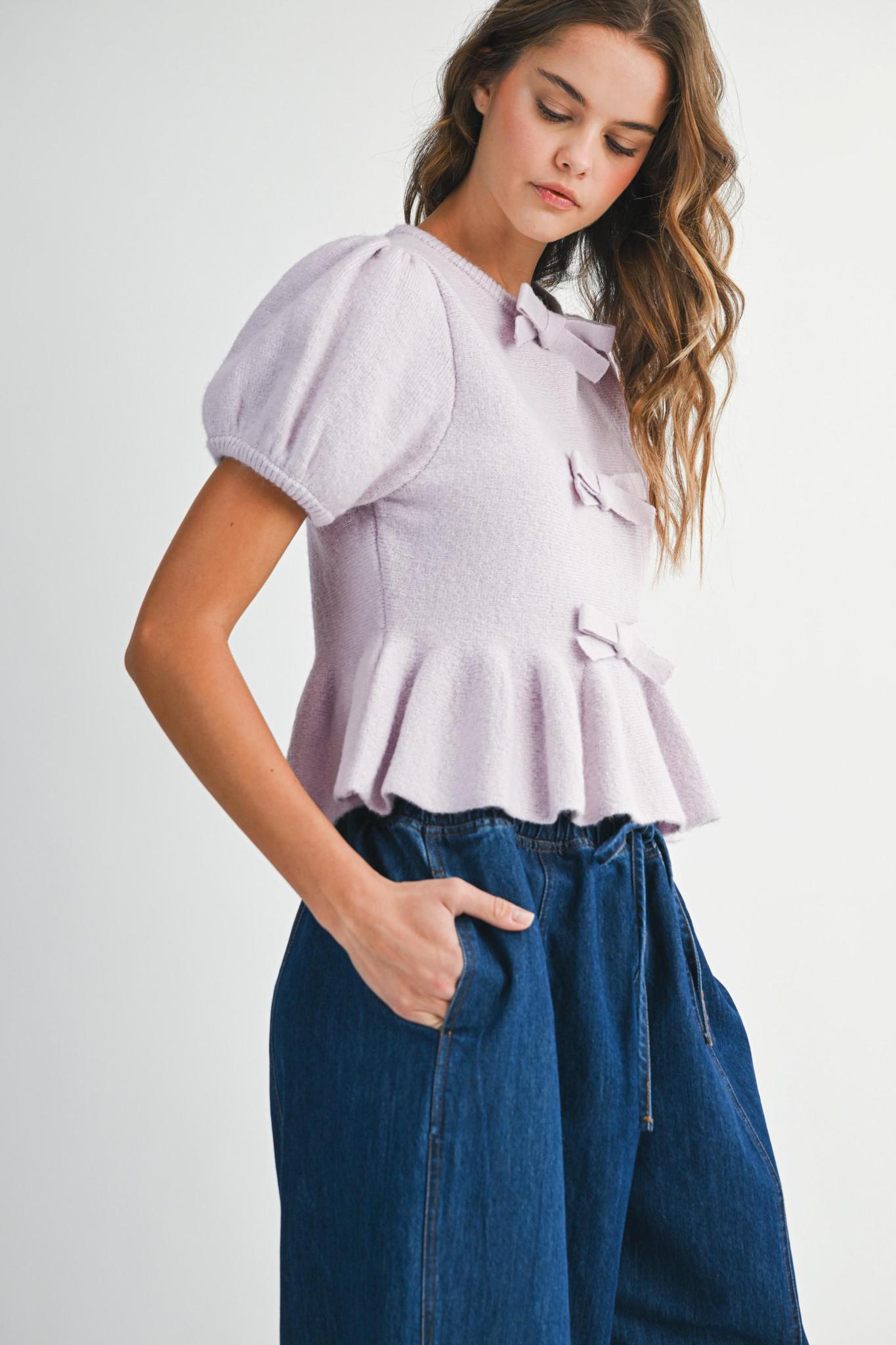 Lavender Knit Puff Sleeve Bow Detail Peplum Top