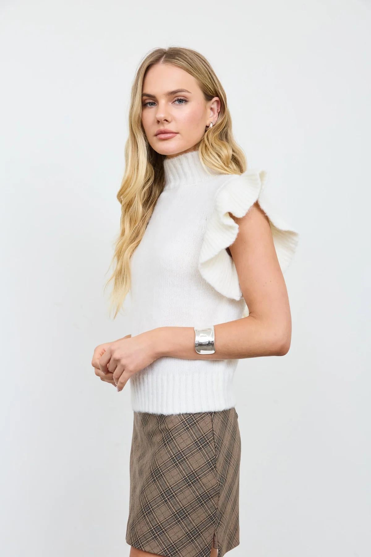 OATMEAL RUFFLE SLEEVE MOCK NECK RIBBED SWEATER