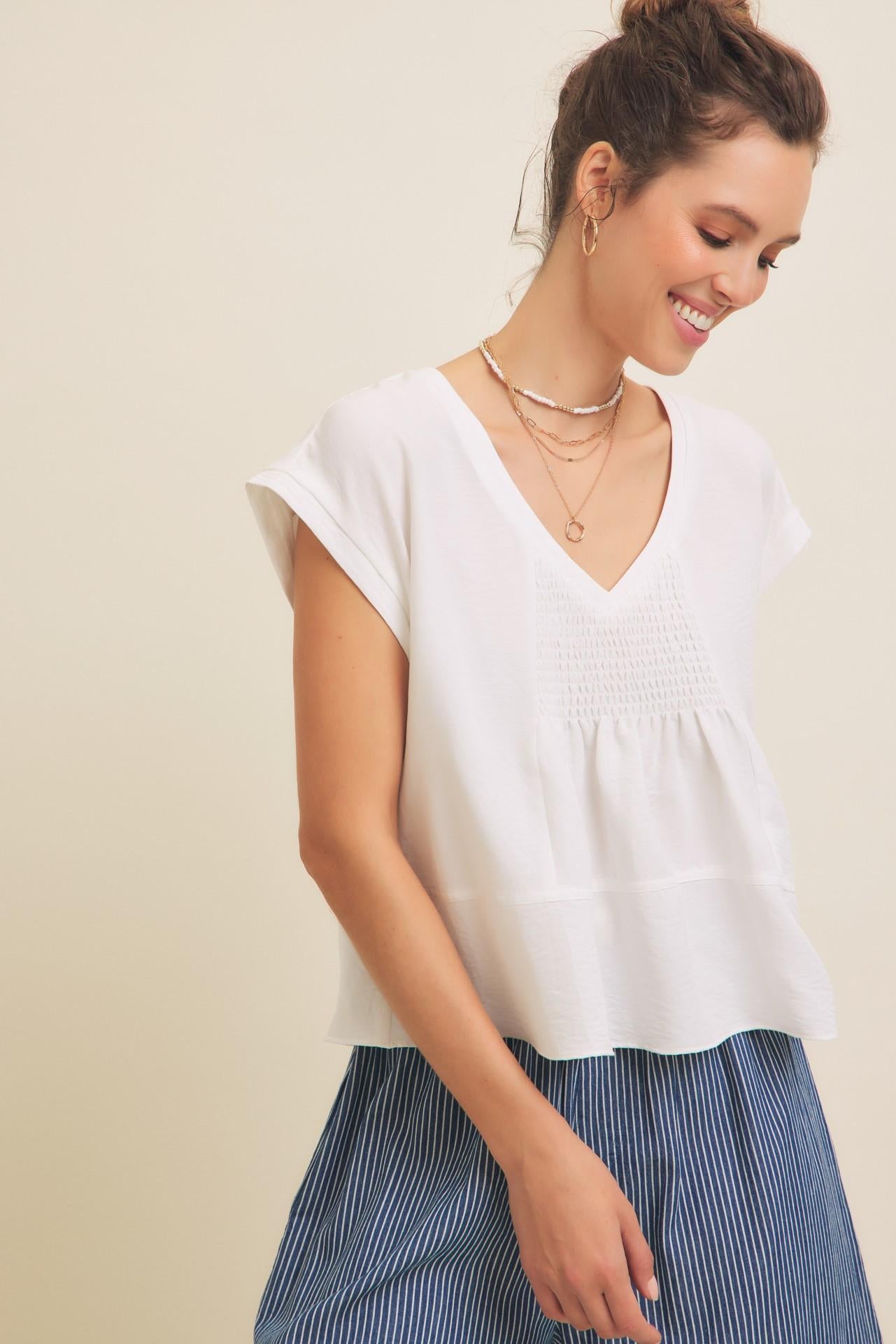 Flowy Oversized Blouse With Smocked Detail - White