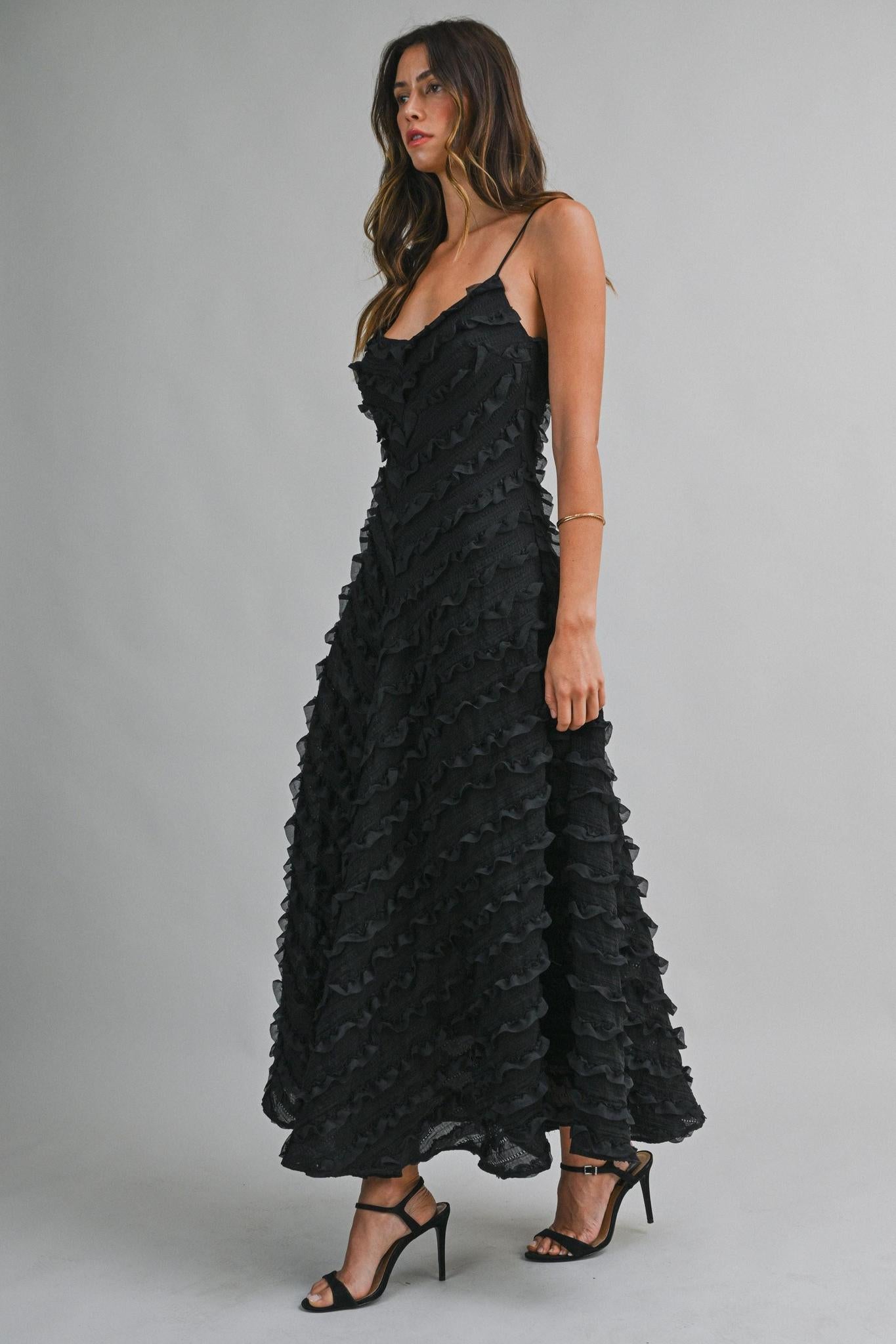 Black Adjustable Spaghetti Strap Chevron Ruffle Detail Midi Dress