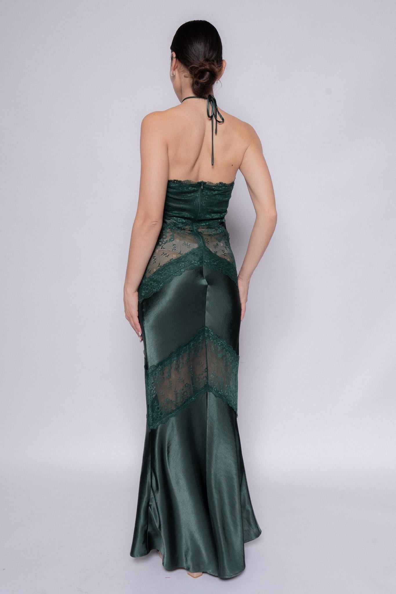 Forest Green Halter Lace Panel Maxi Dress