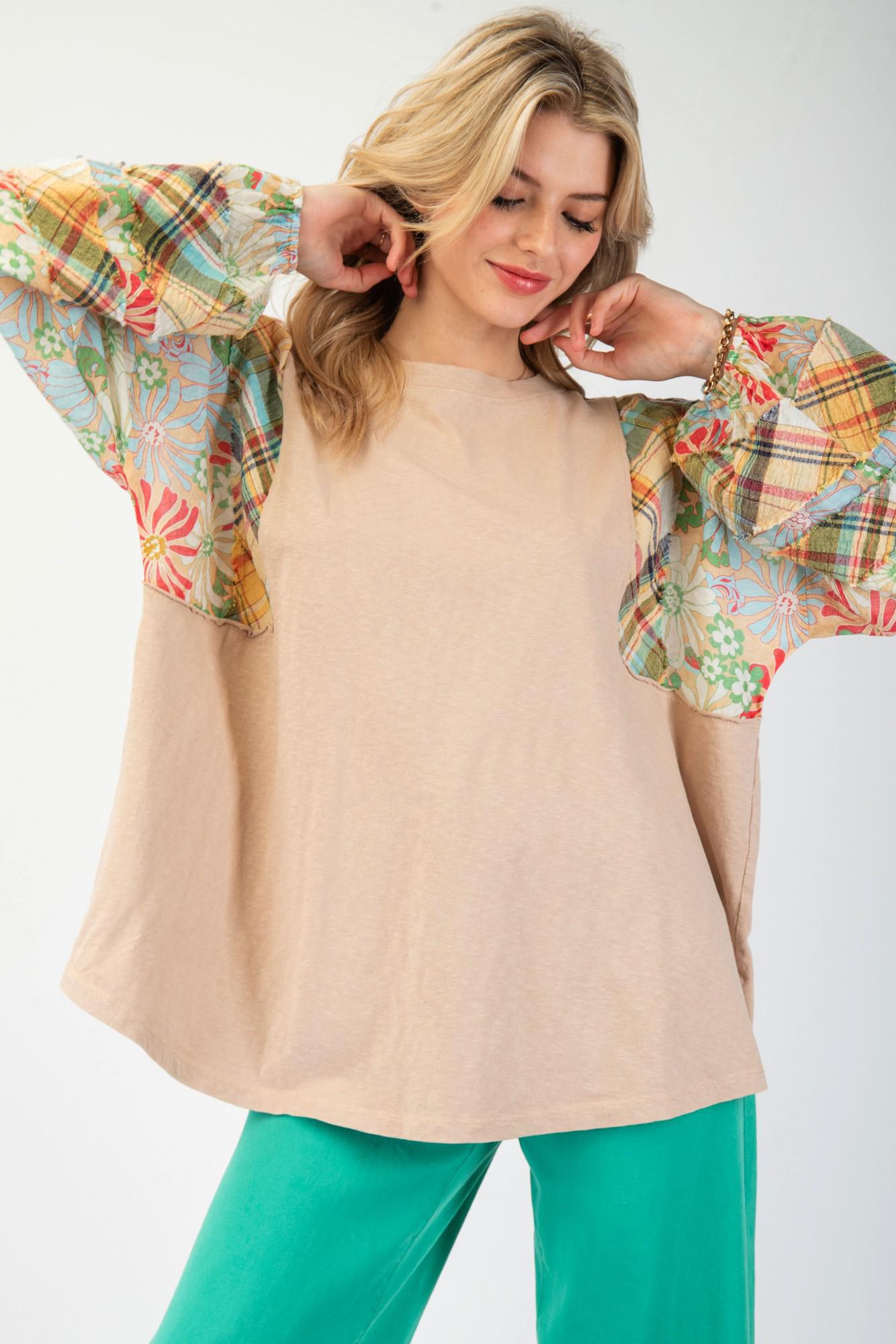 Khaki Floral Mix Print Cotton Blouse