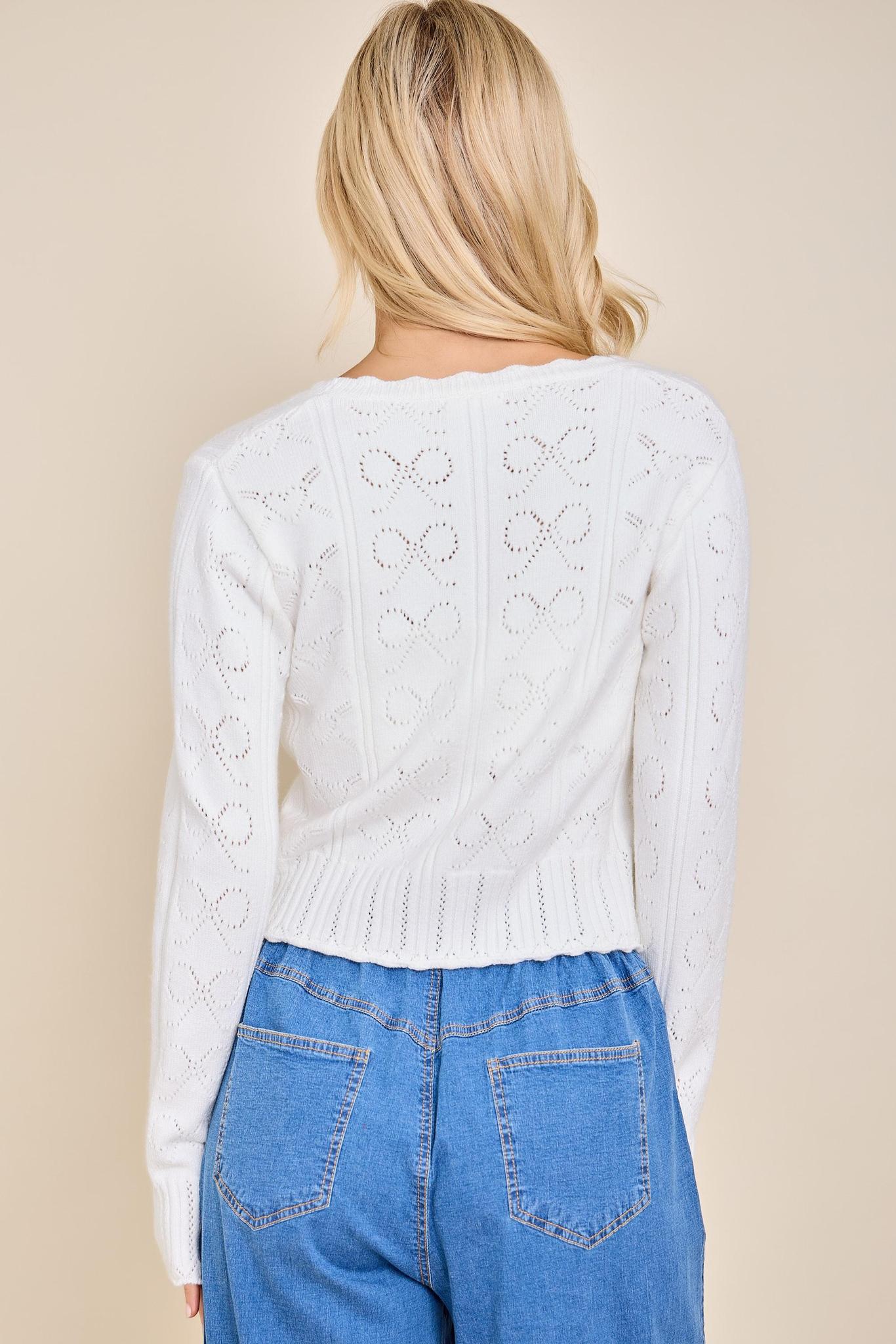 Bow And Heart Pointelle Knit V Neck Cardigan