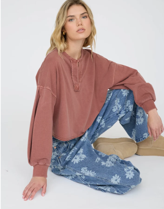 TERRACOTTA NOTCH NECK BOXY LONG SLEEVE KNIT CROP TOP