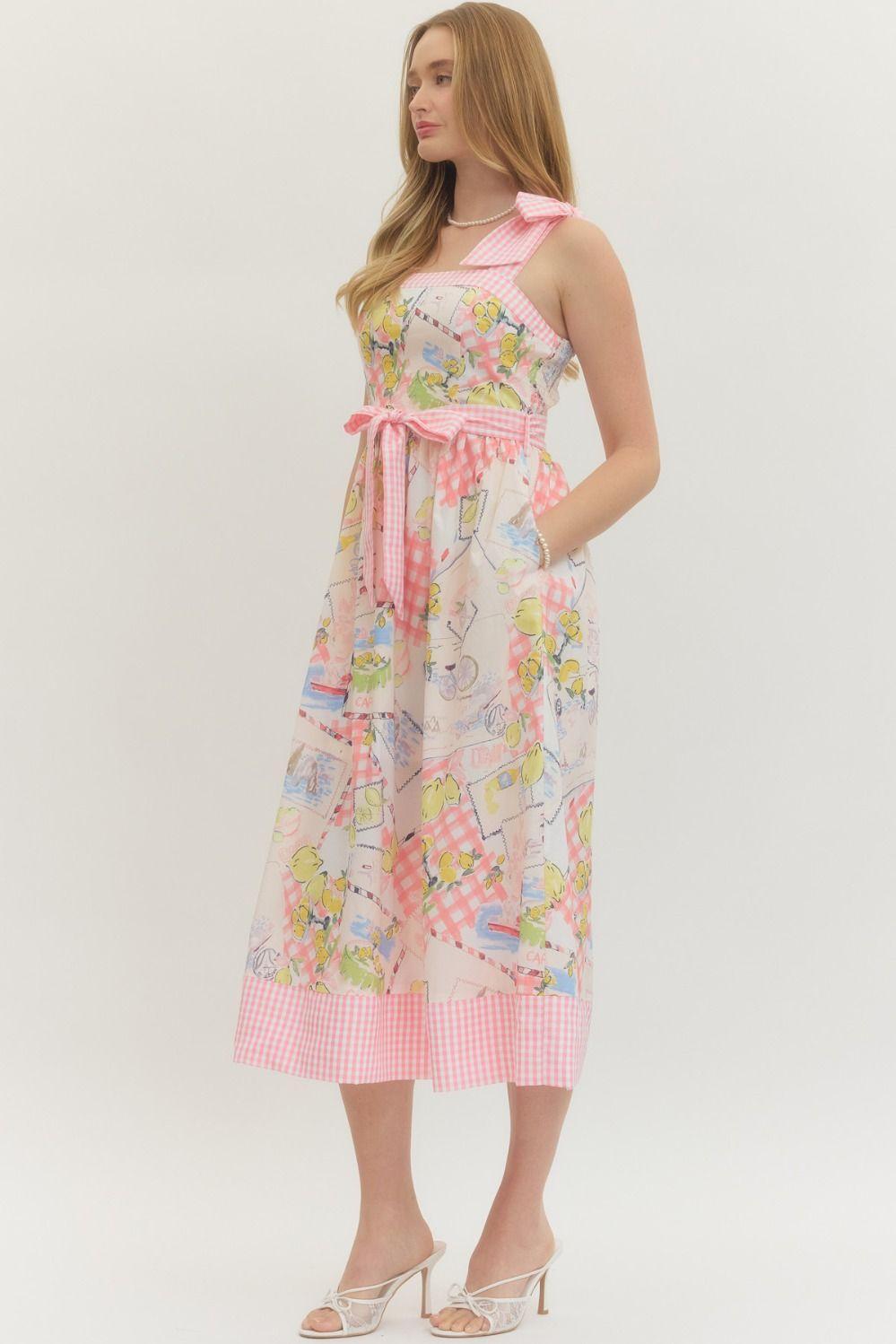 Pink Print Waist Bow Midi Dress