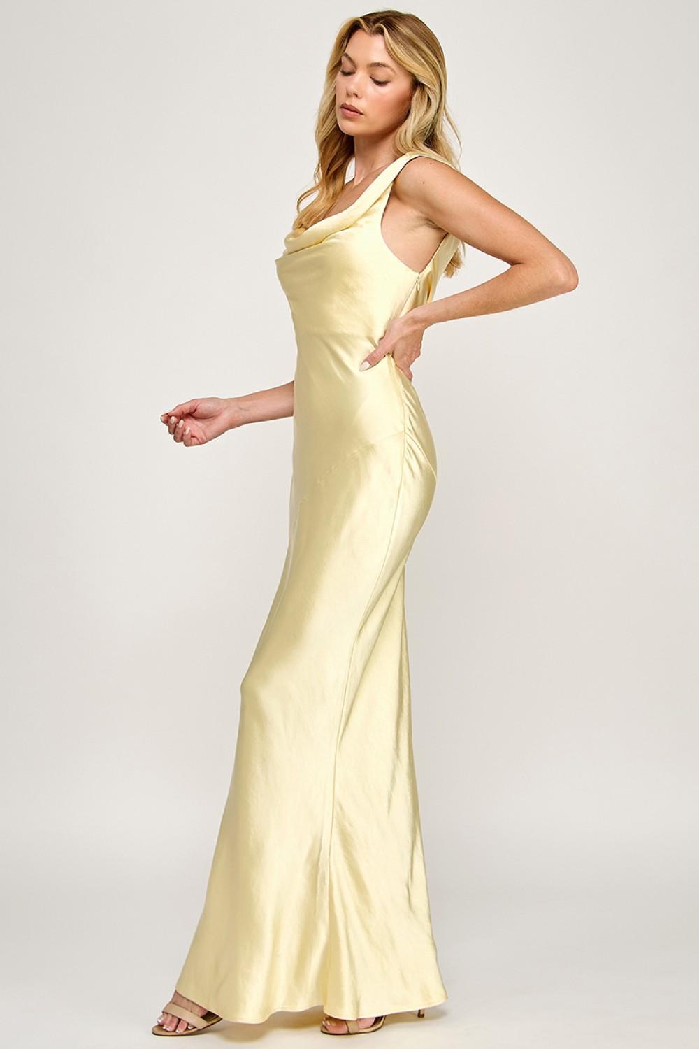 BUTTER COWL NECK SATIN MAXI DRESS