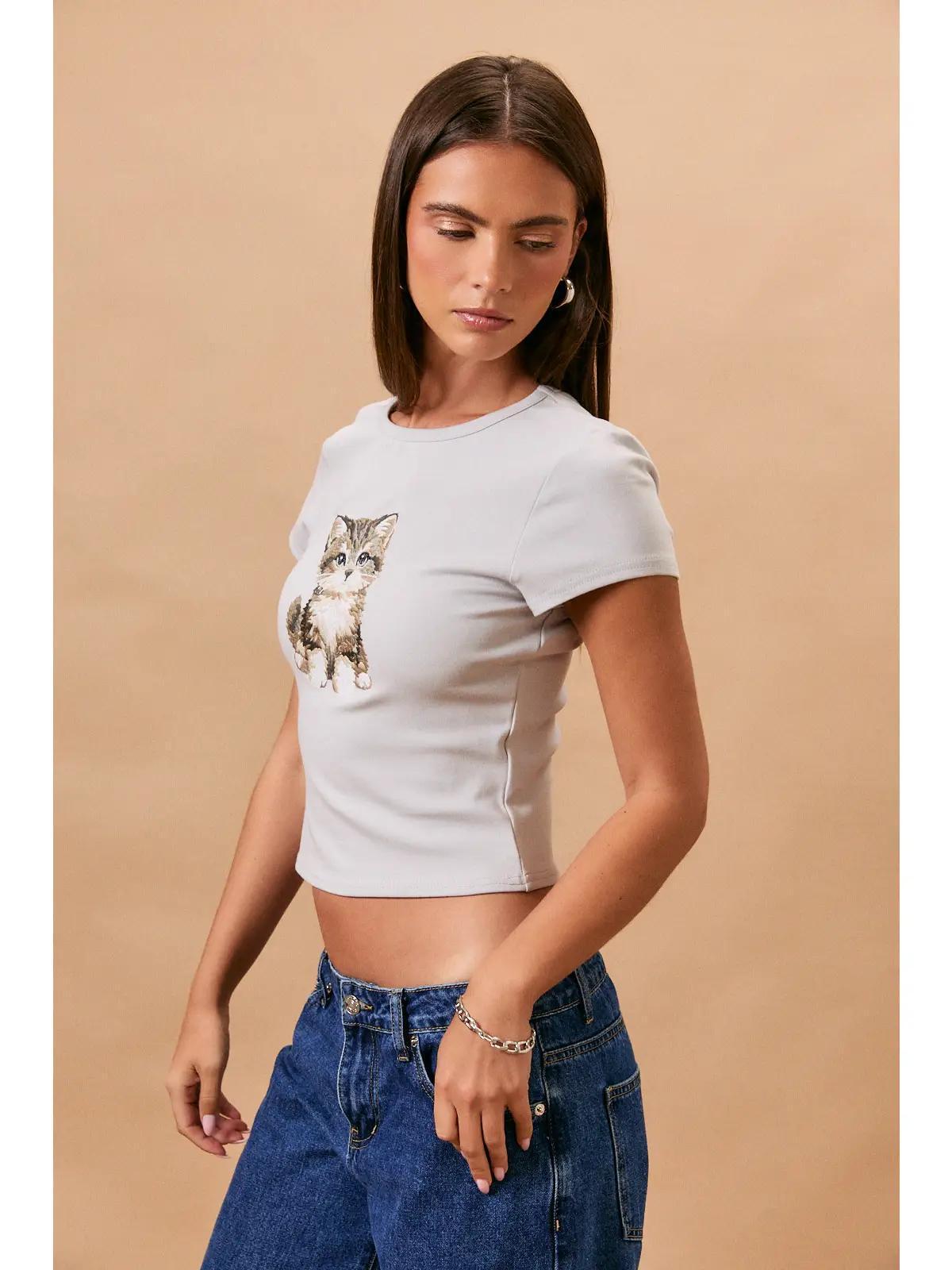 "Cat" Embroidery Short Sleeve Round Neck Baby Tee