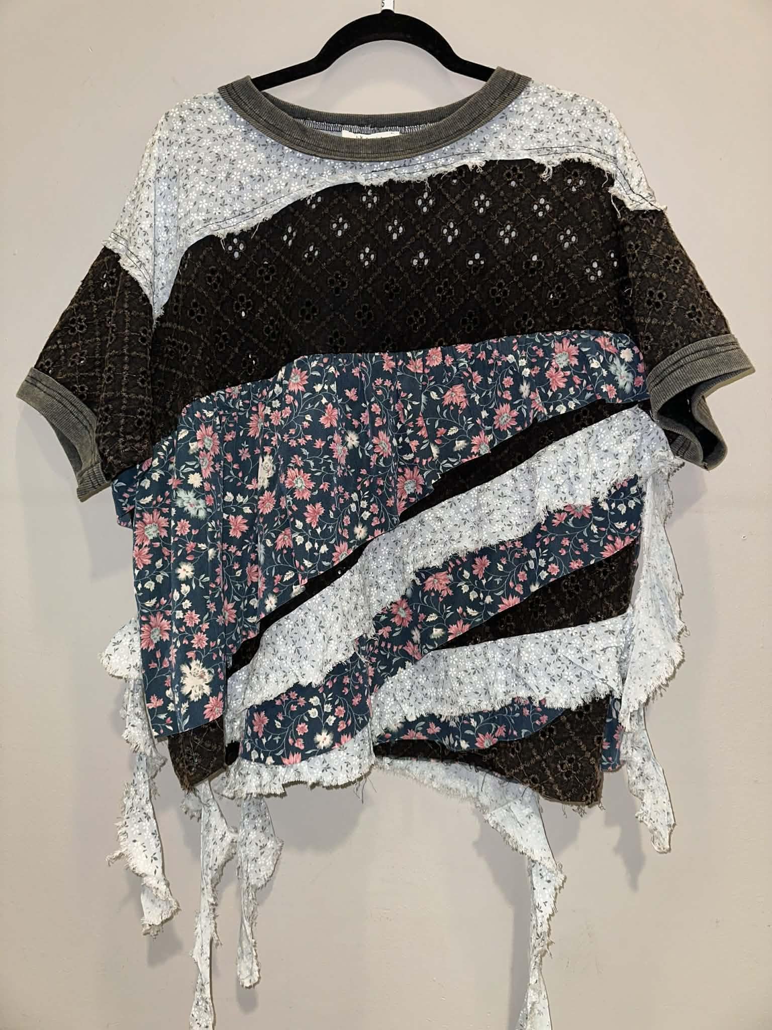 Washed Fabric Mix Floral Tiered Blouse