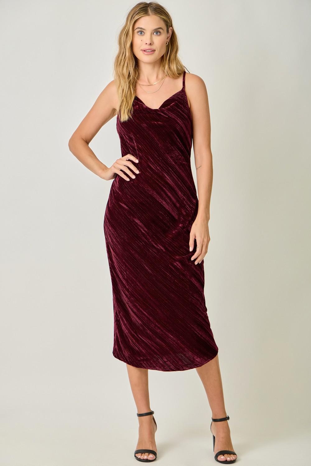 Cowl Neck Crinkle Velvet Slip Dress