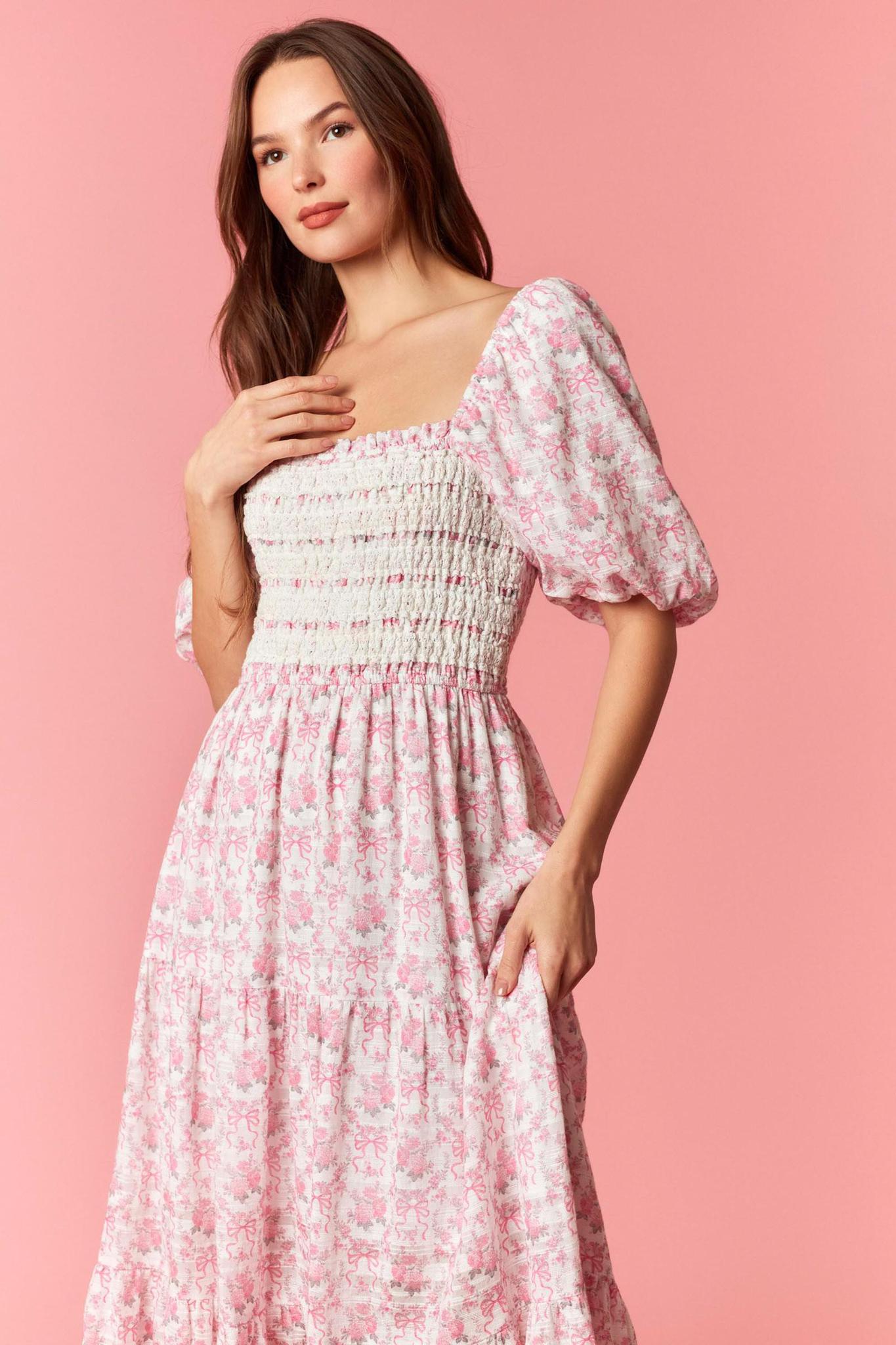 Smocked Lace Trim Printed Cotton Maxi Dress