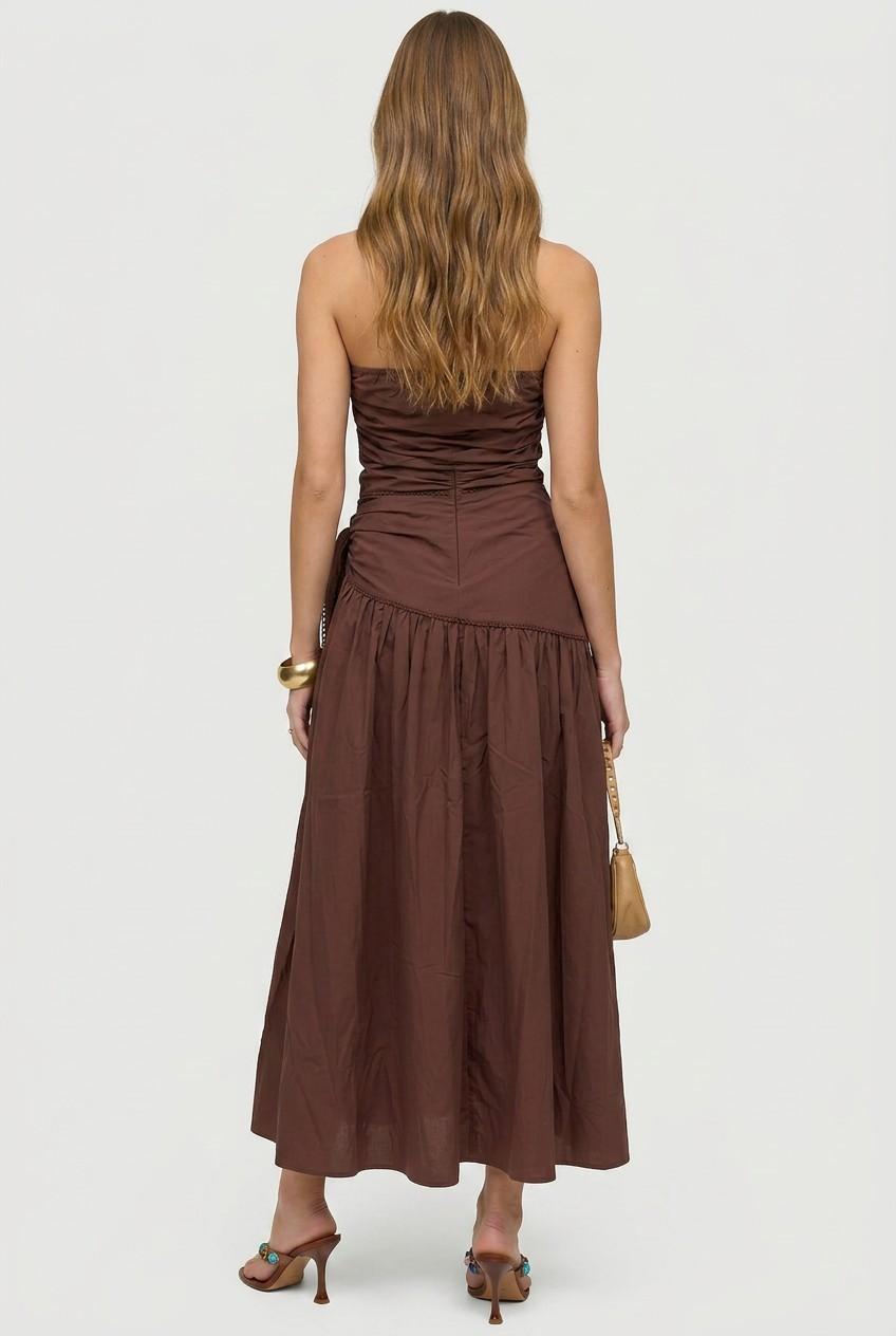 Brown Strapless Flowy Cotton Midi With Waist Side Tie