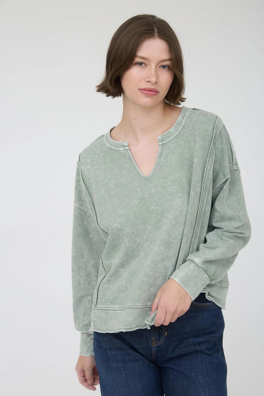 Washed Exposed Seam Long Sleeve Knit Top