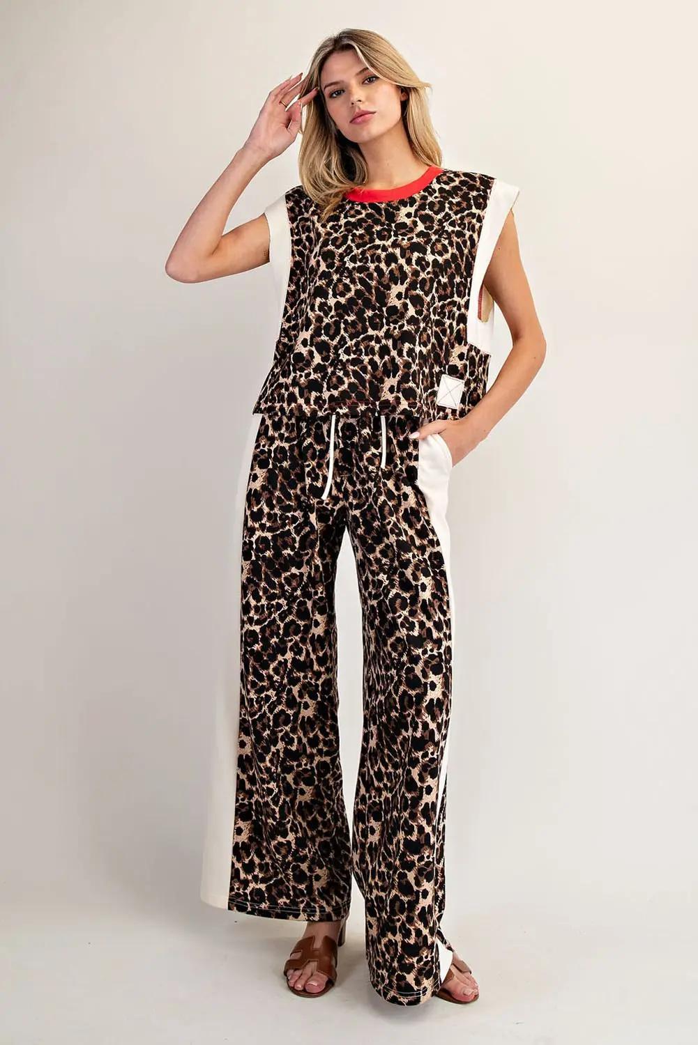 Contrasting Side Panel Leopard Sweatpants