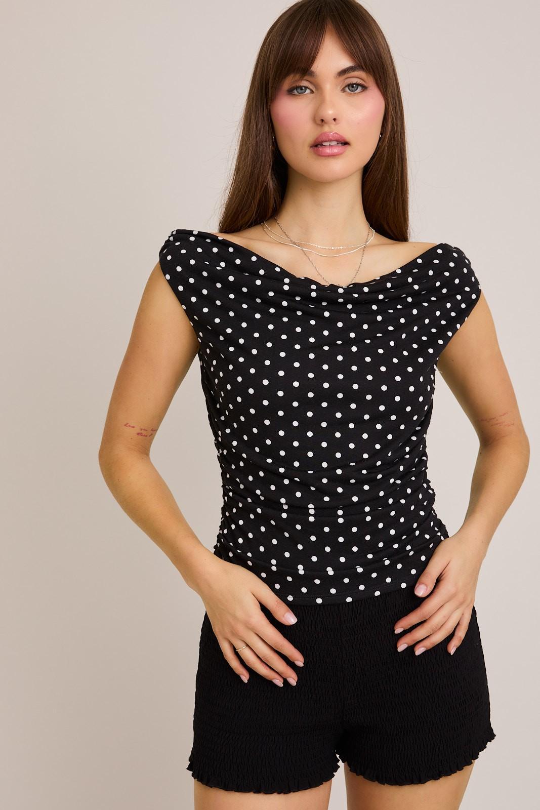 Polka Dot Off Shoulder Top - Black with White Dots