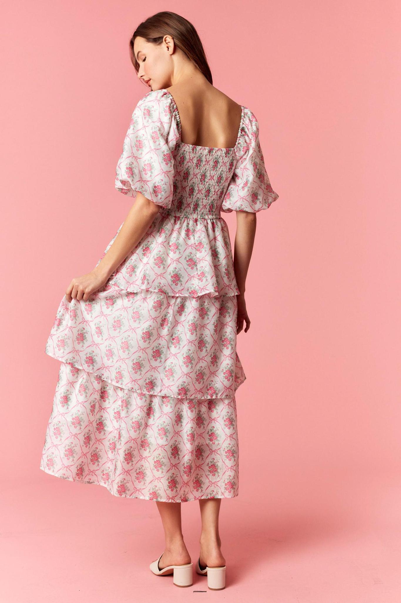 Floral Print Bubble Sleeve Tiered Midi Dress
