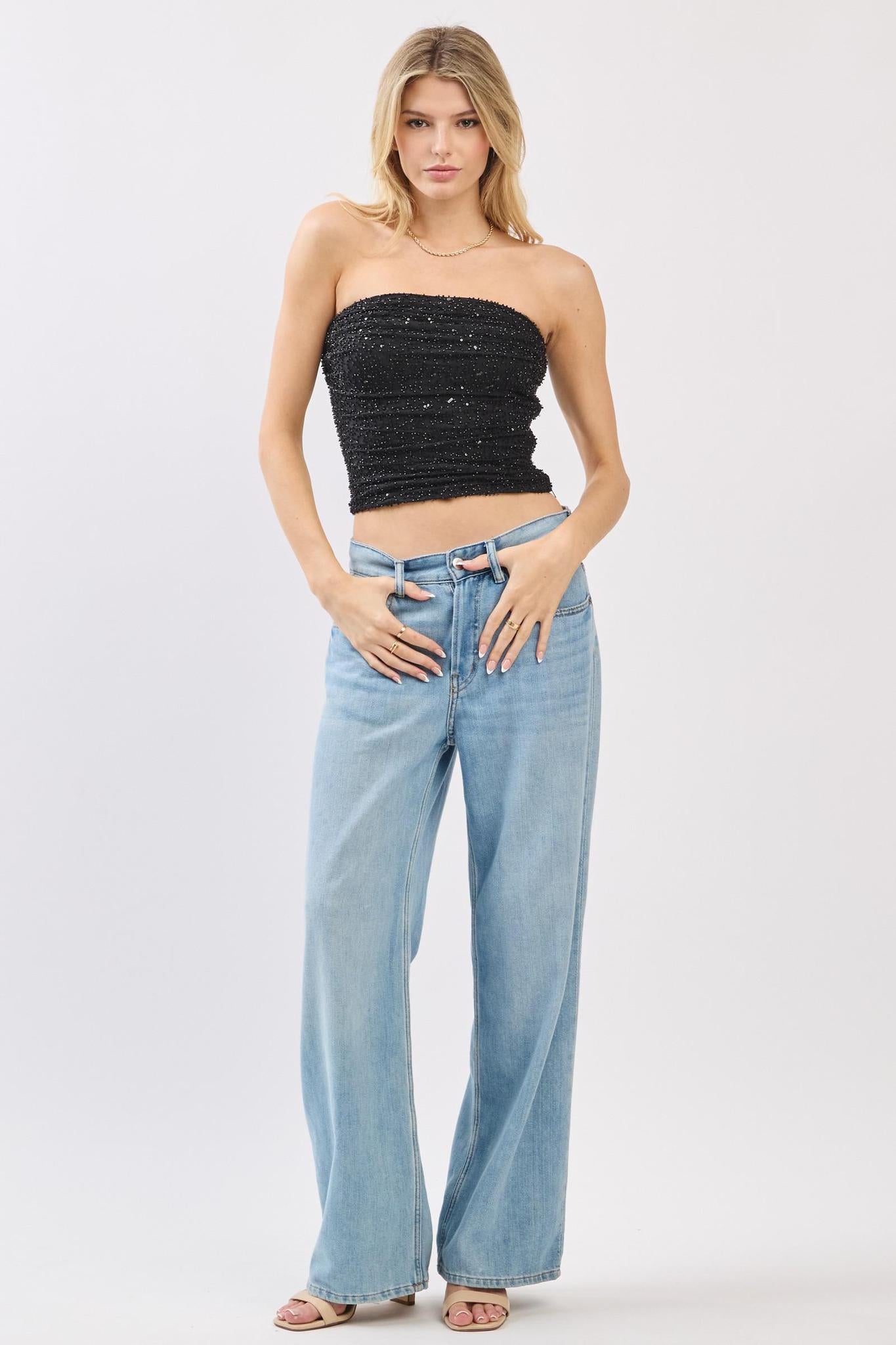 Black Power Mesh Beaded Tube Top