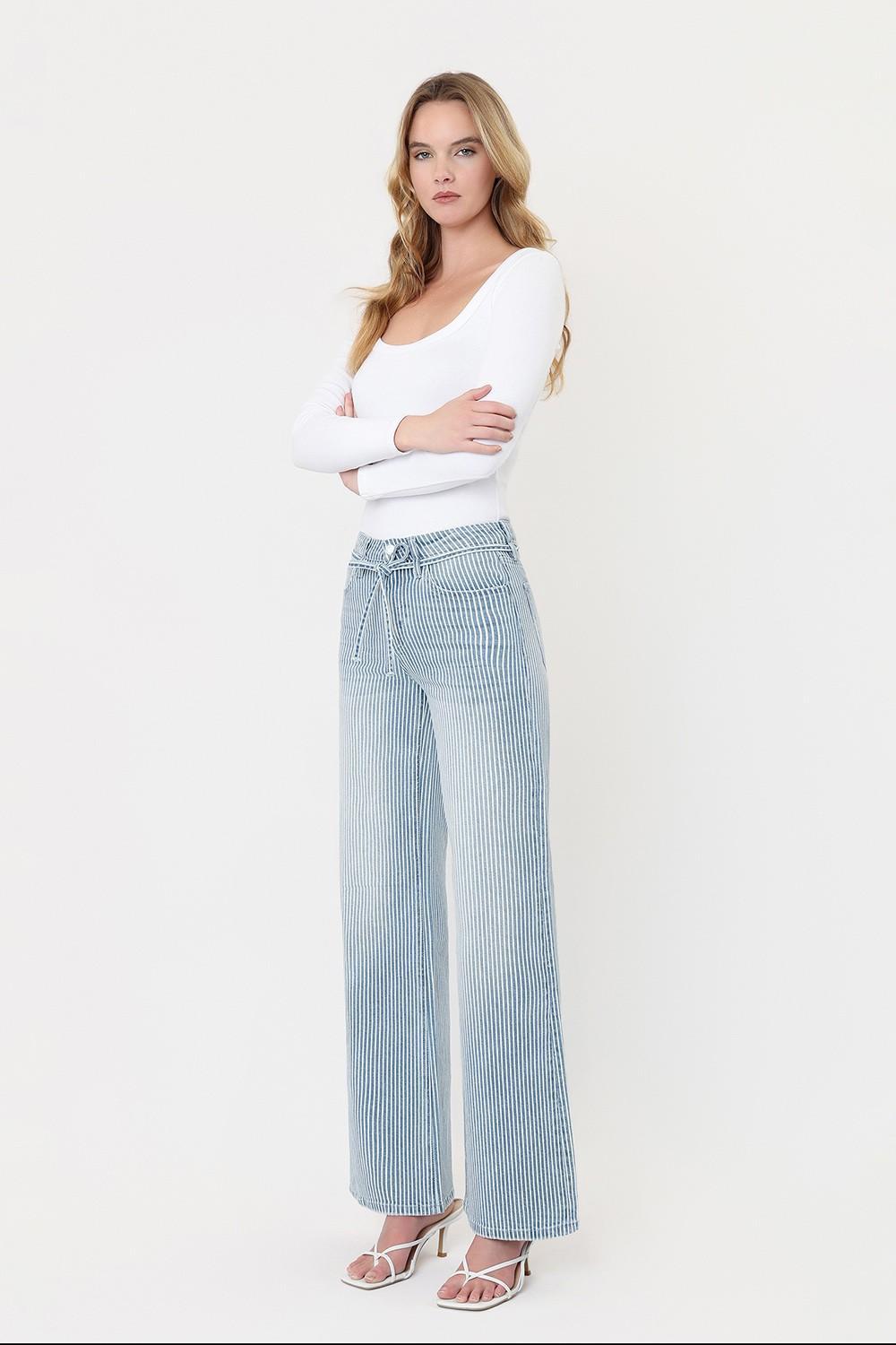 High Rise Waist Tie Striped Wide Leg Jeans
