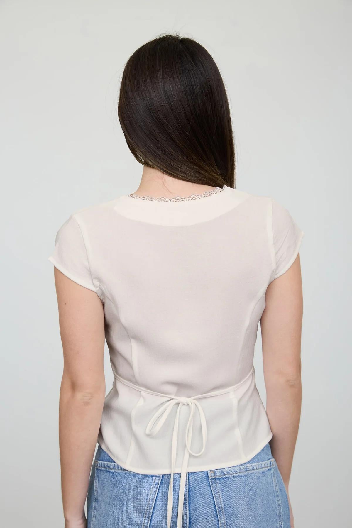 V-NECK LACE TRIM BUTTON DOWN BACK TIE BLOUSE