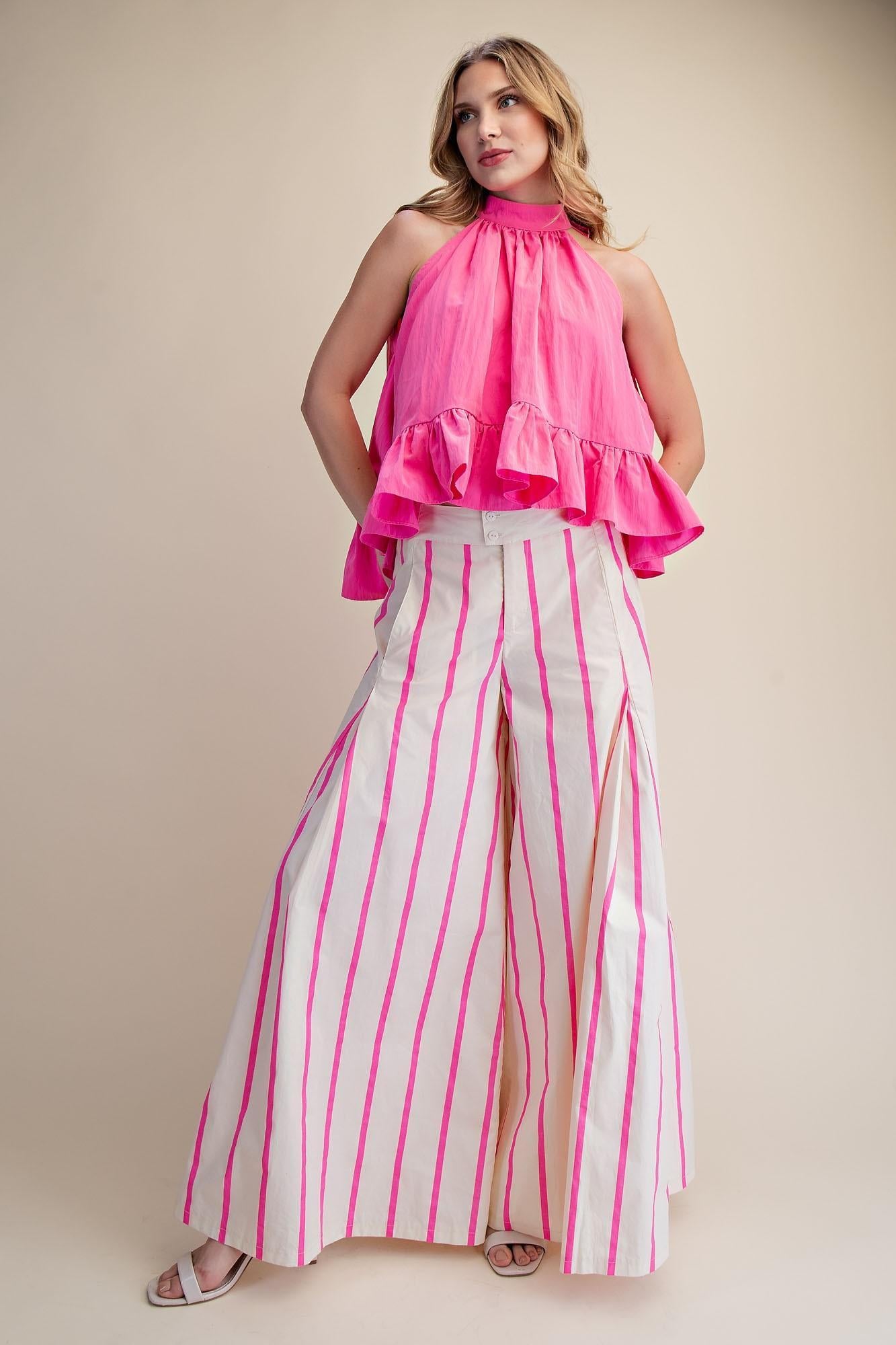 Pink Halter Neck Sleeveless Ruffle Top