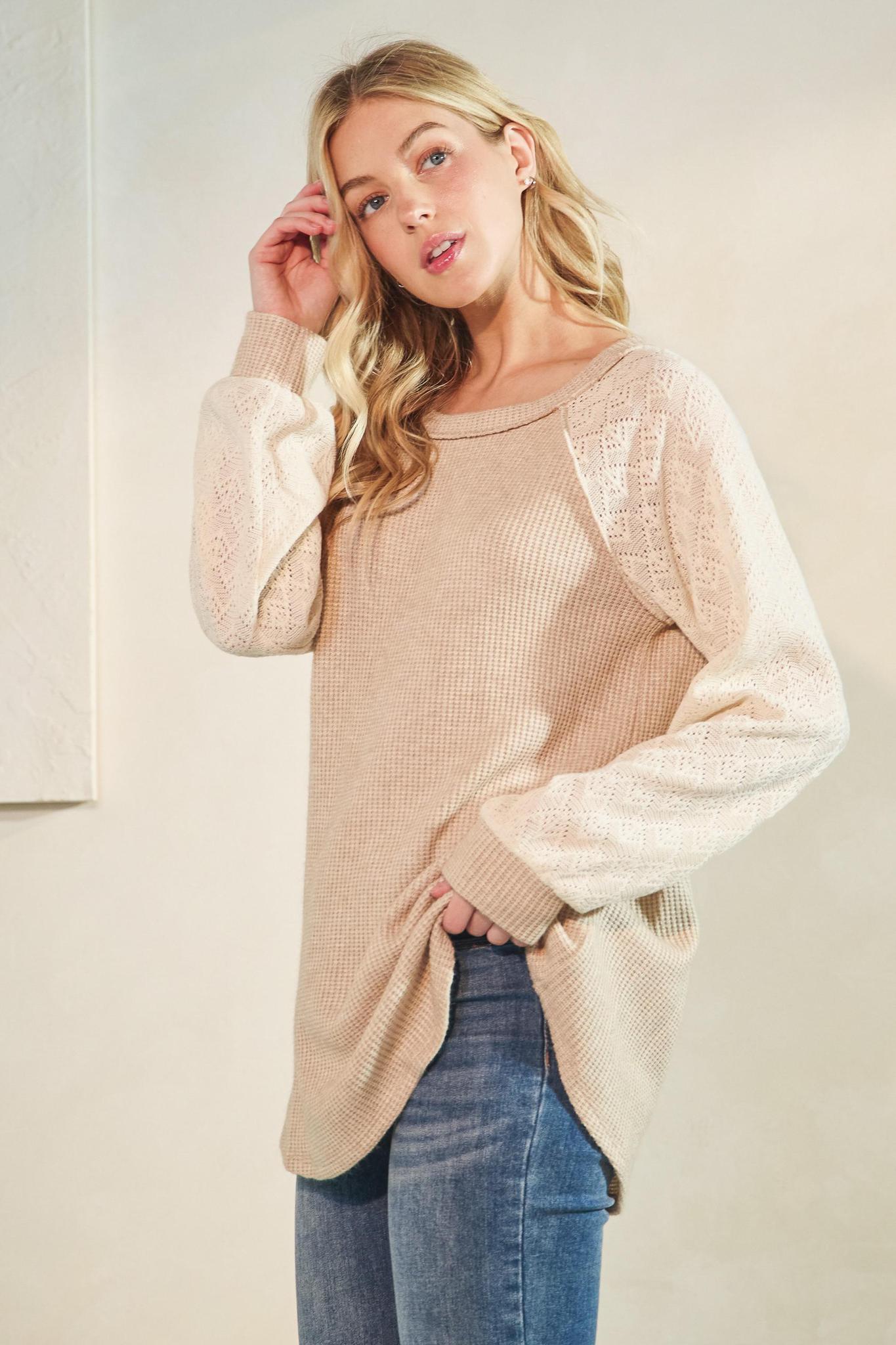 Oatmeal Puff Sleeve Solid Color Block Top