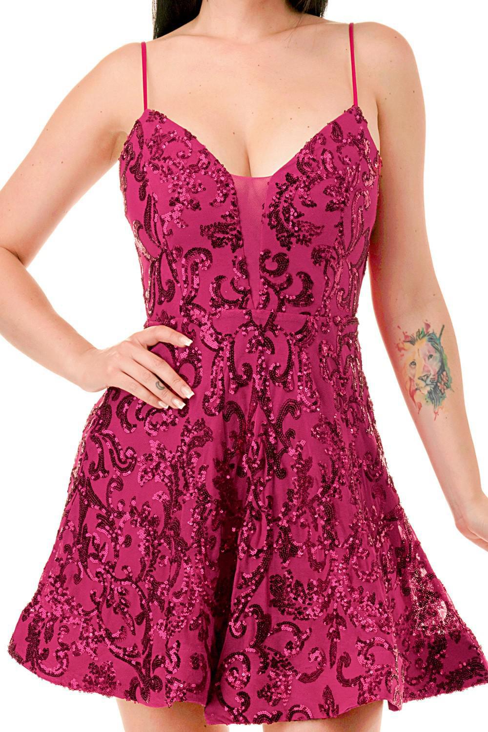 Fuchsia Sequin Plunging V-neck Fit & Flare Mini Dress
