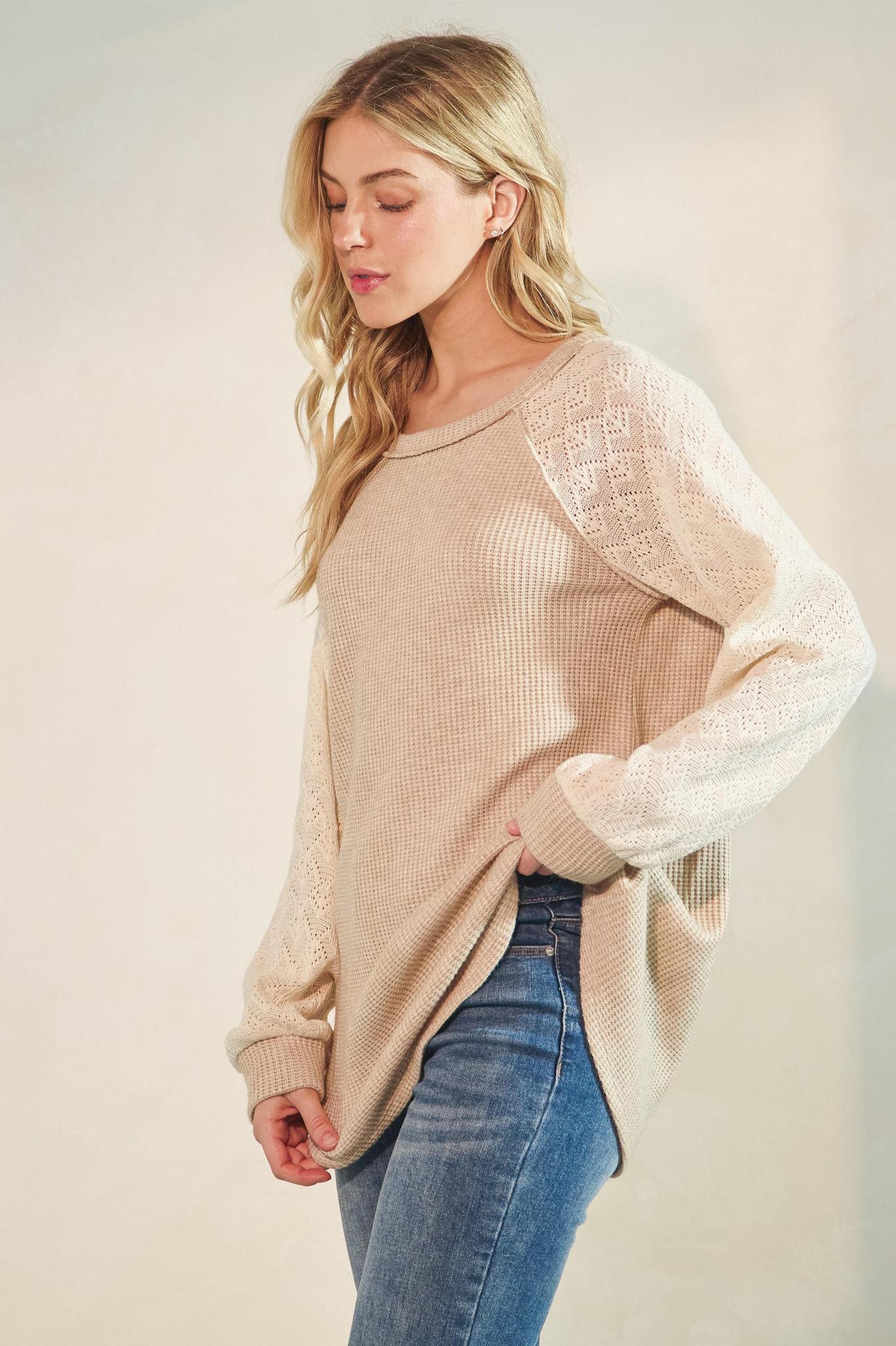 Oatmeal Puff Sleeve Solid Color Block Top