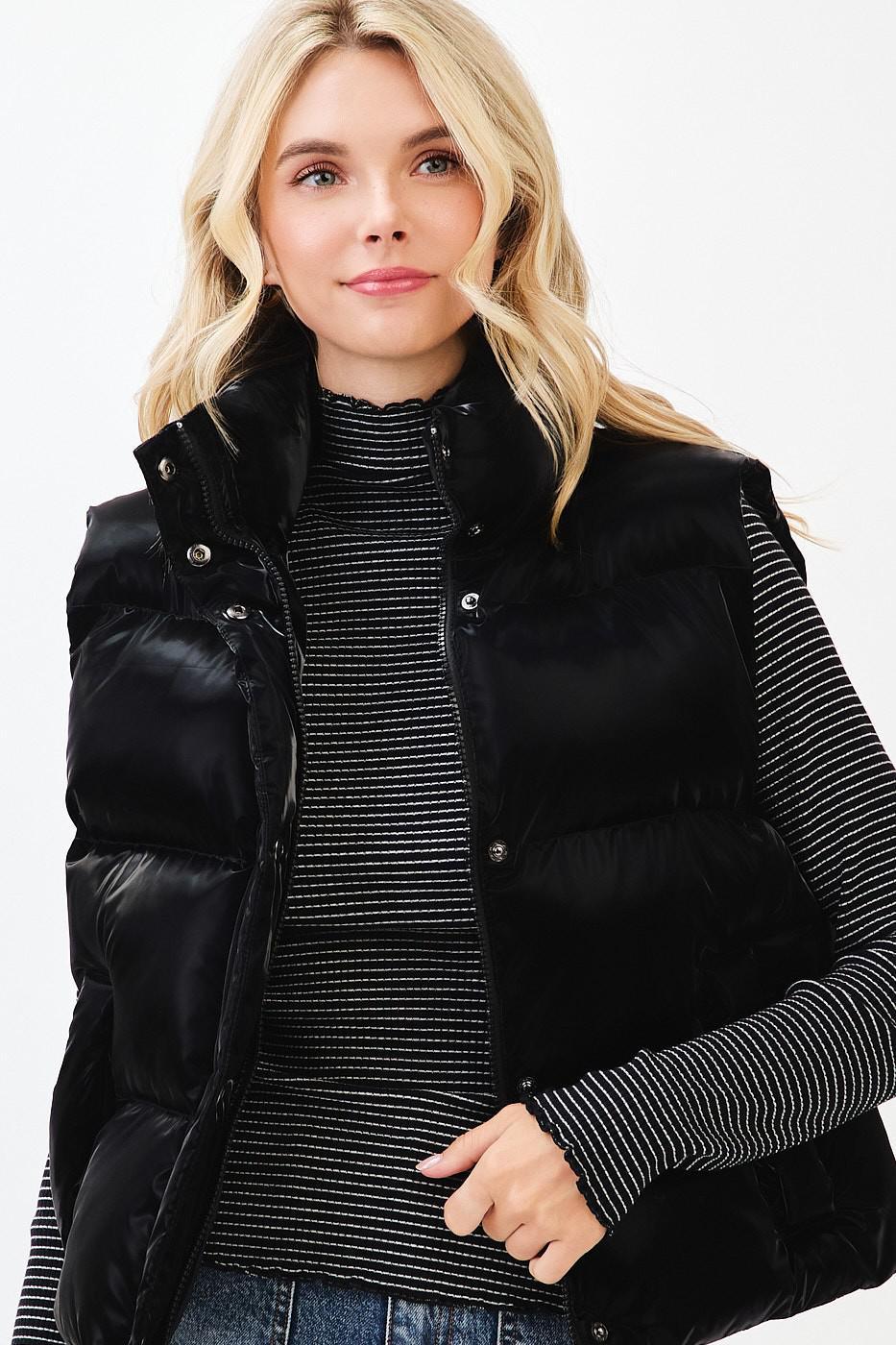 Black Metallic Shine Padded Puffer Vest