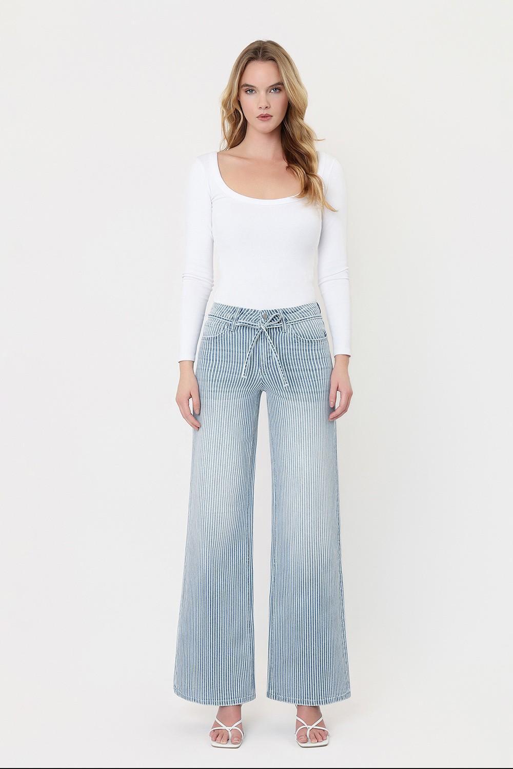 High Rise Waist Tie Striped Wide Leg Jeans