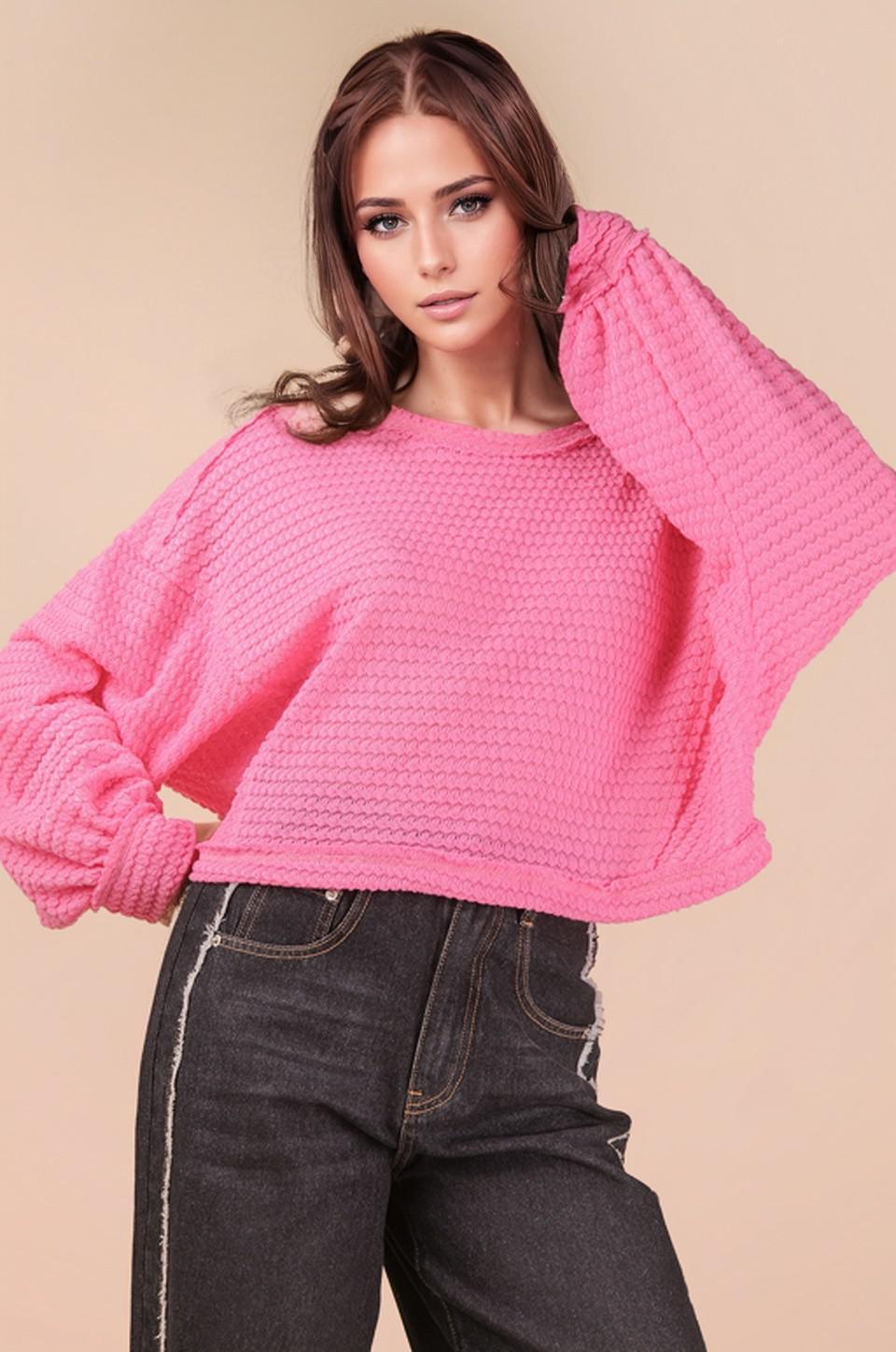 Pink Oversized Waffle Solid Knit Casual Top